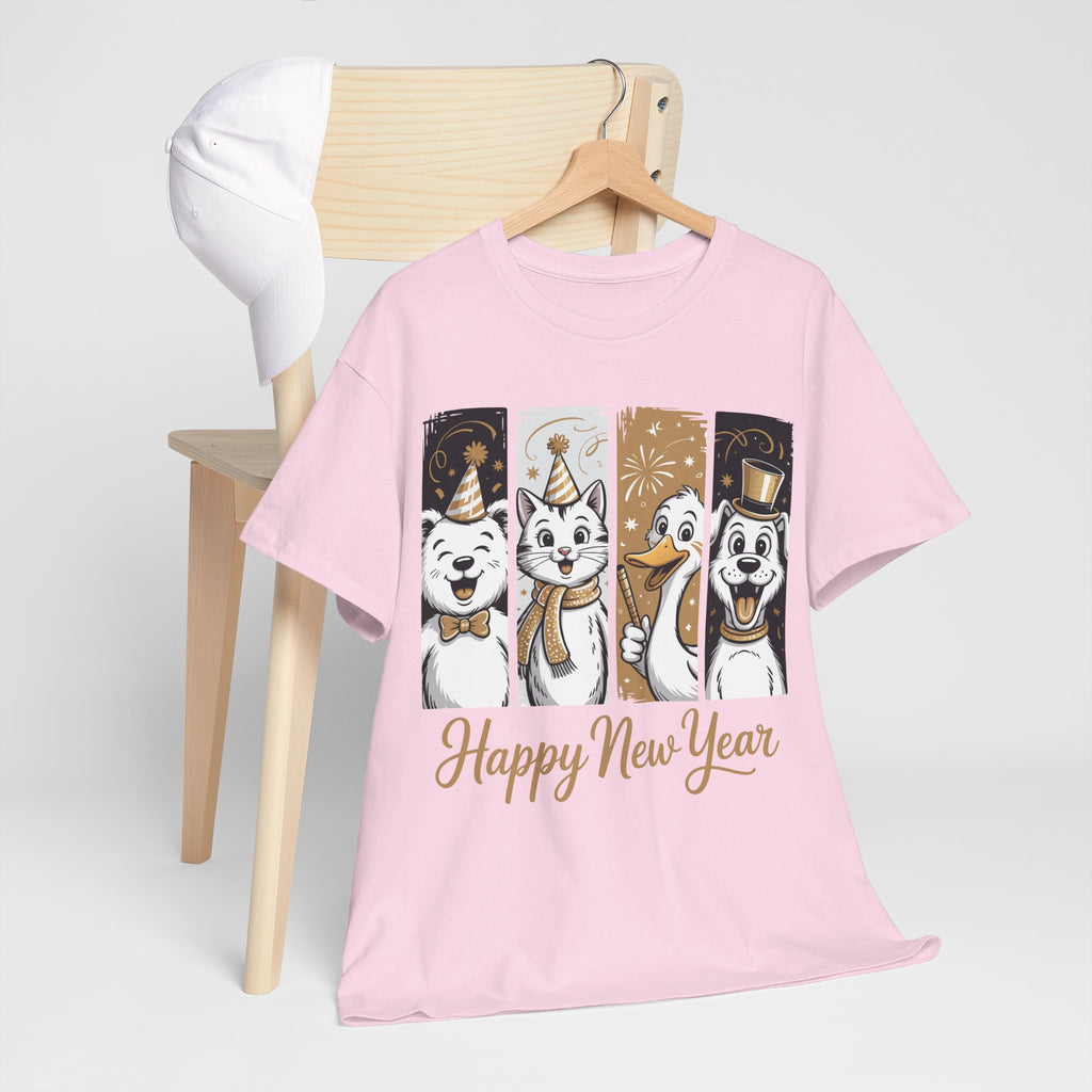 Happy New Year Party Animals T-Shirt — Cute Smiling Animals in Party Hats & Gold Fireworks..Unisex Cotton Tee
