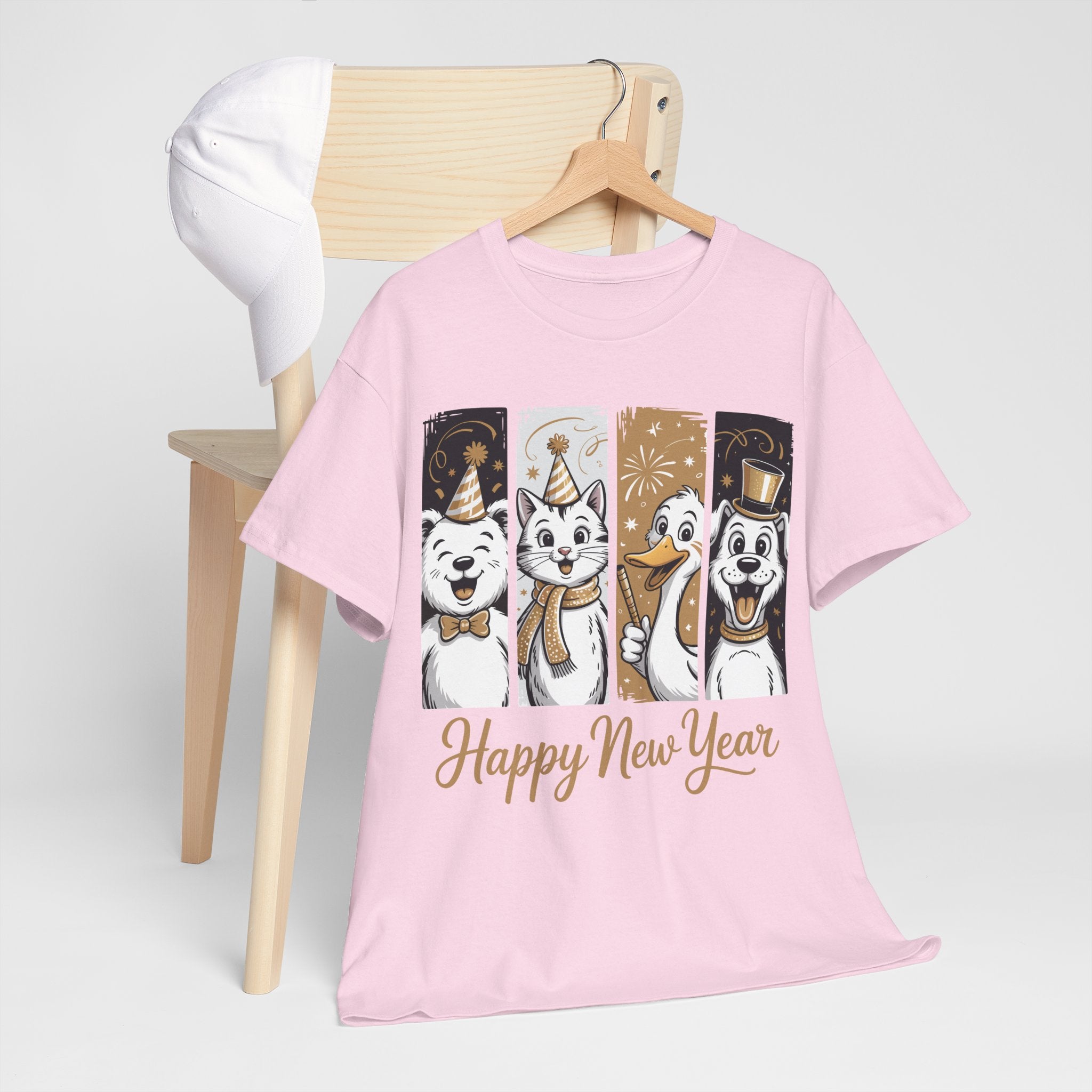 Happy New Year Party Animals T-Shirt — Cute Smiling Animals in Party Hats & Gold Fireworks..Unisex Cotton Tee