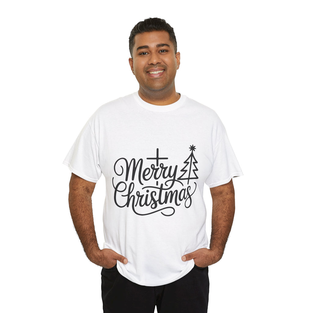 Merry Christmas Script T-Shirt with Cross & Tree(Unisex Cotton Tee)