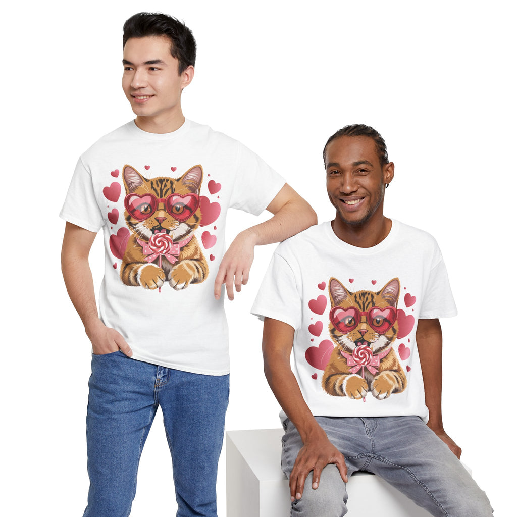 Valentine Cat Tee — Heart Glasses, Lollipop Bow Unisex Cotton Tee