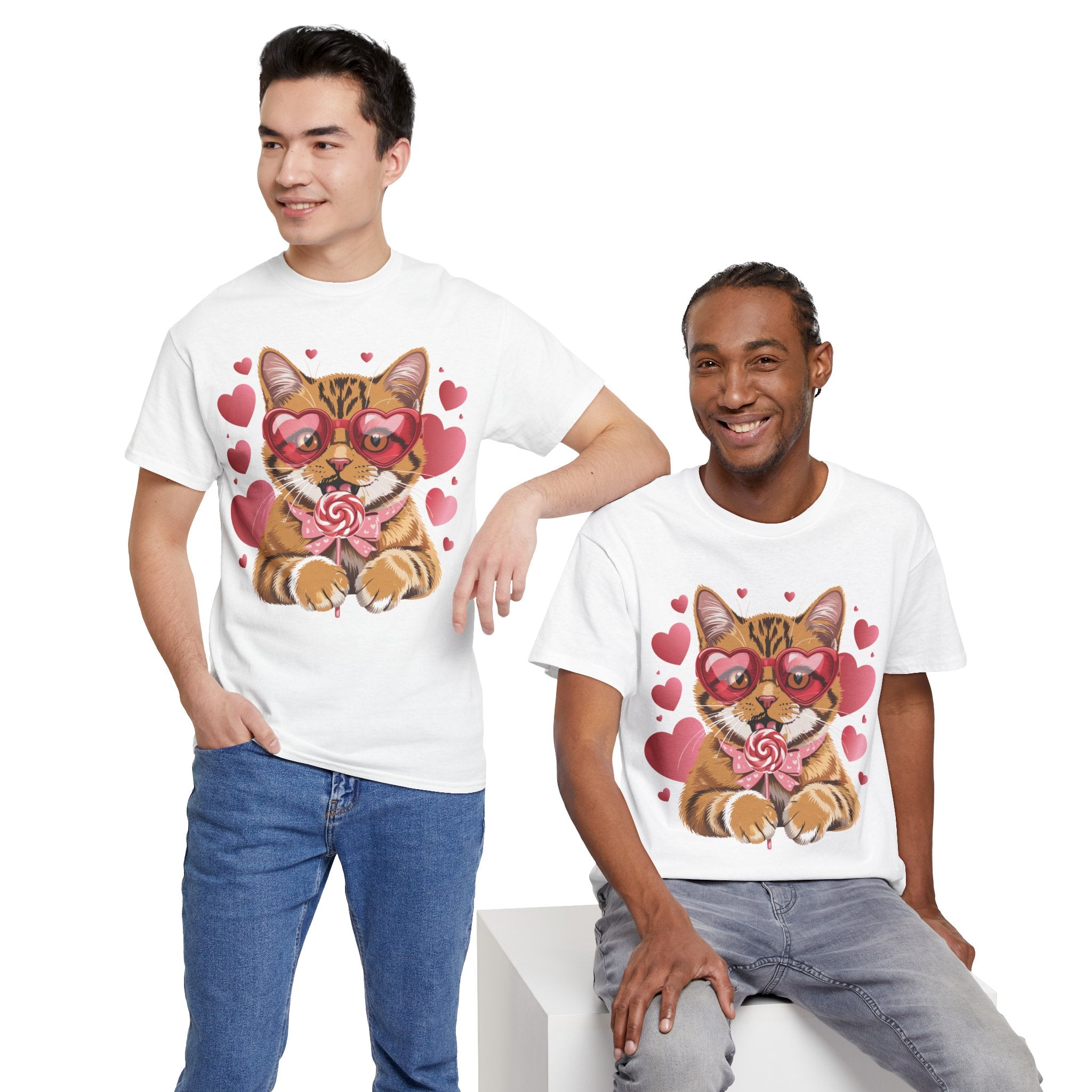 Valentine Cat Tee — Heart Glasses, Lollipop Bow Unisex Cotton Tee