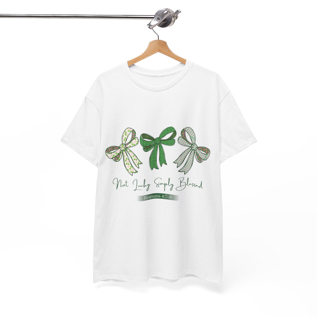Not Lucky Simply Blessed Tee — Romans 4:7-8 Green Bow Christian Unisex Cotton T-Shirt