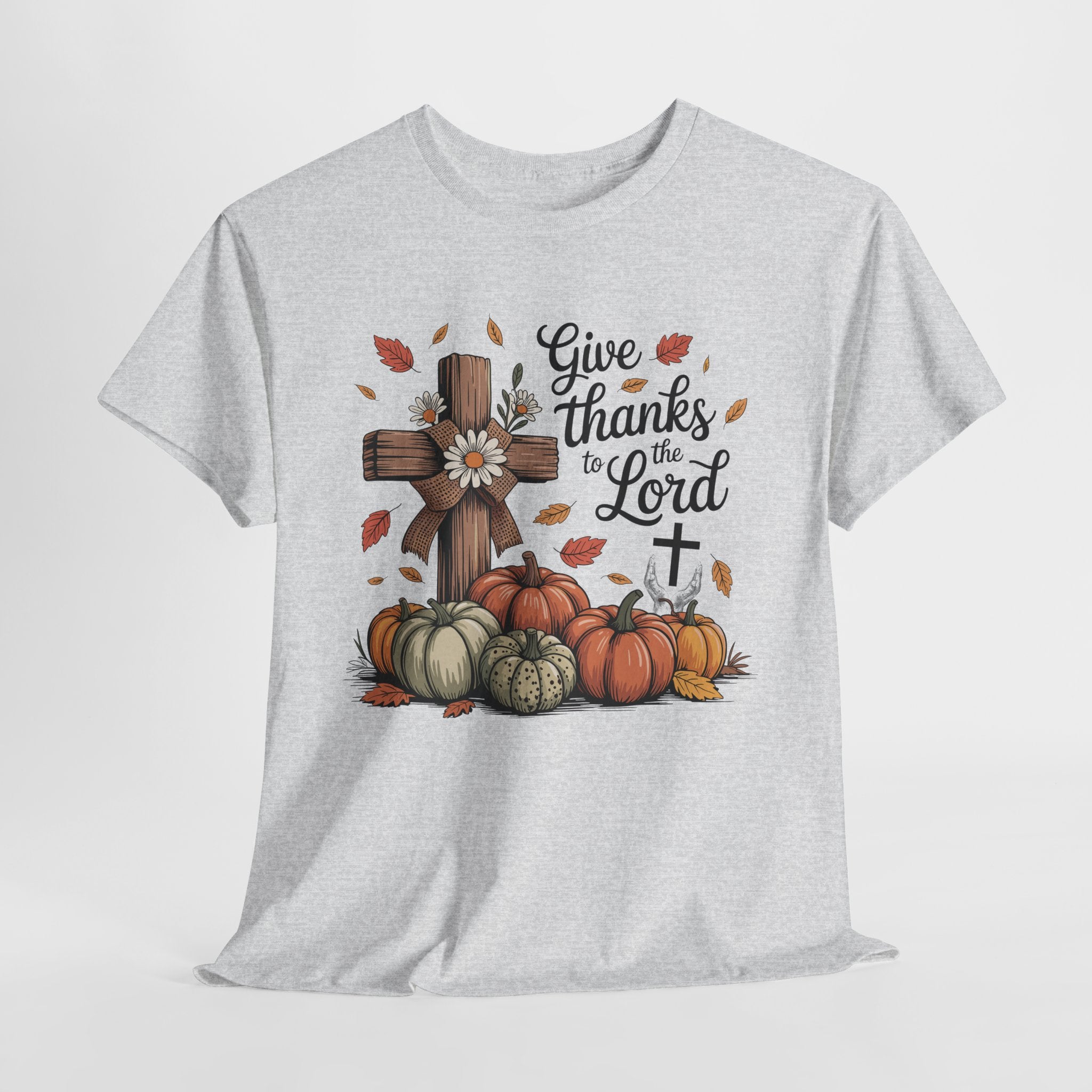 Give Thanks to the Lord Autumn Tee — Wooden Cross, Pumpkins & Daisies..Unisex Cotton Tee
