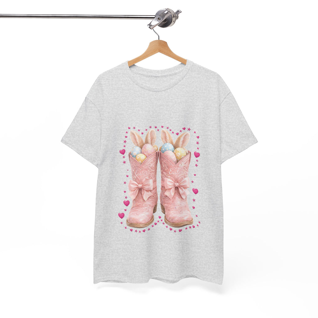 Easter Pink Western Boots Tee — Pastel Bunny Eggs & Bows Unisex Cotton Tee