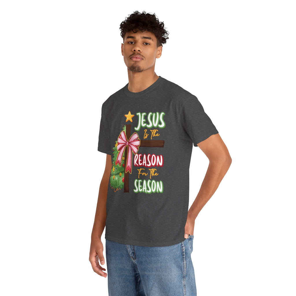 Jesus Is the Reason for the Season Christmas Tee — Cross with Pink Bow & Tree. Unisex Cotton Tee