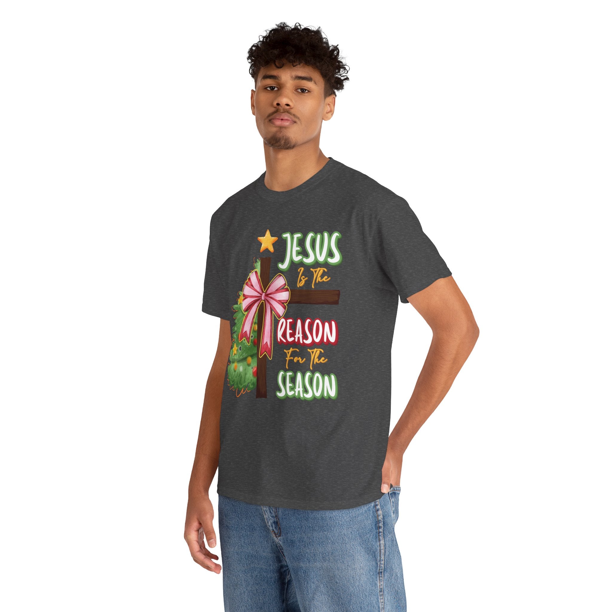Jesus Is the Reason for the Season Christmas Tee — Cross with Pink Bow & Tree. Unisex Cotton Tee