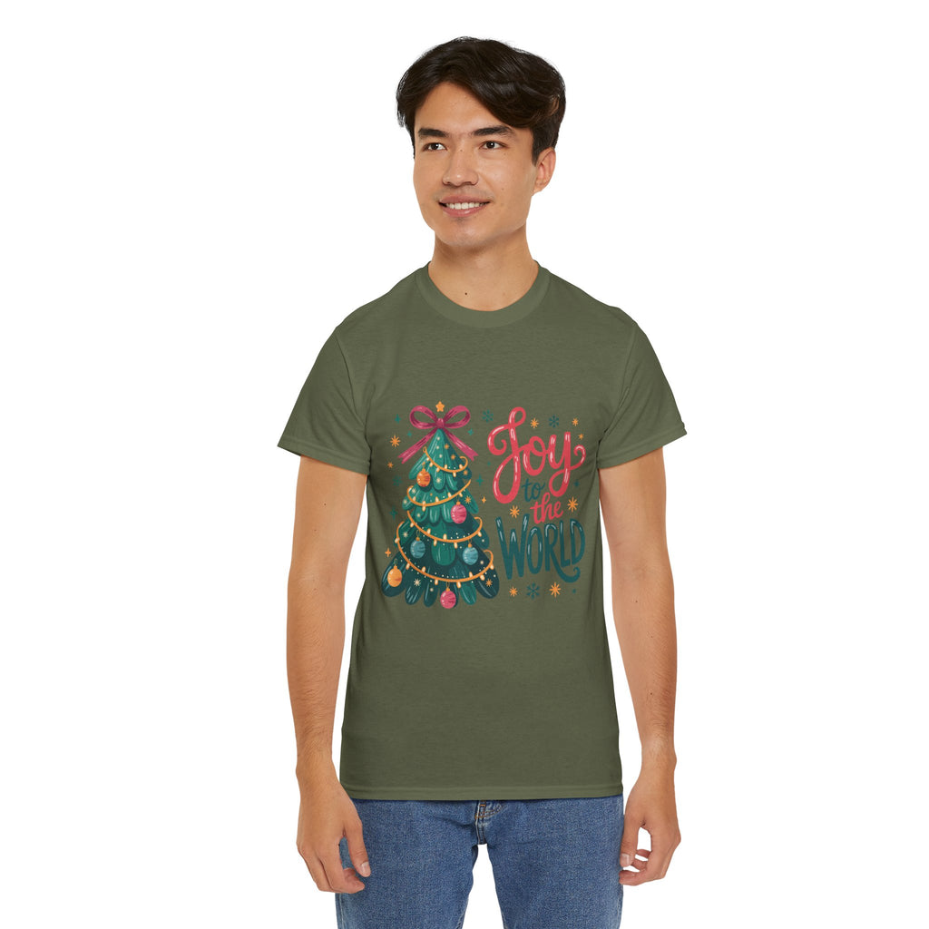 Joy to the World Christmas Tee — Festive Tree with Pink Bow..Unisex Cotton Tee