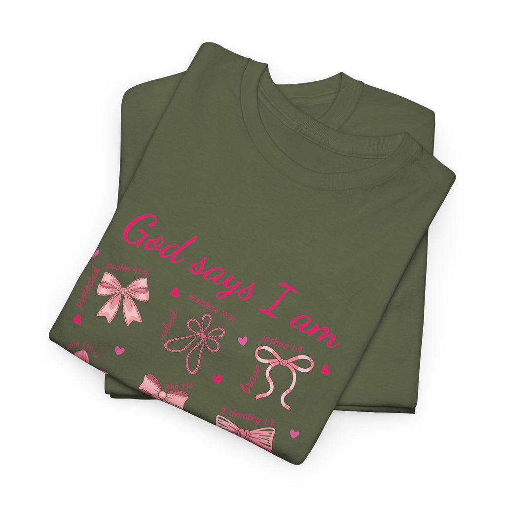 God Says I Am Pink Bow Tee — Faith-Based 'Loved, Brave, Strong' Unisex Cotton Shirt
