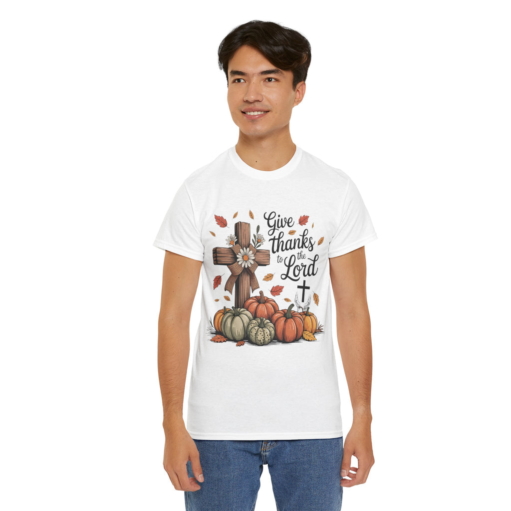 Give Thanks to the Lord Autumn Tee — Wooden Cross, Pumpkins & Daisies..Unisex Cotton Tee