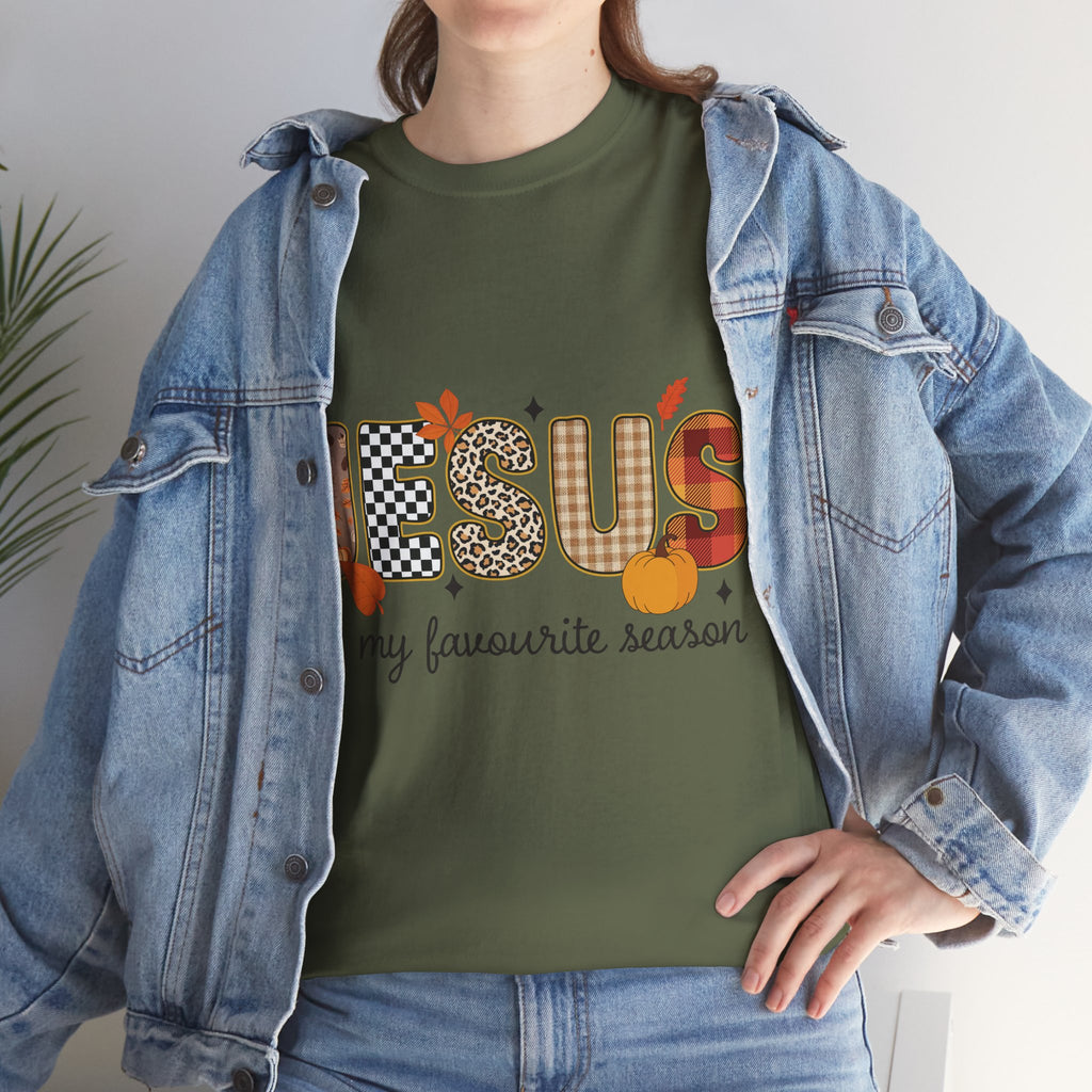 Jesus Is My Favorite Season Tee — Autumn Plaid & Leopard Lettering Unisex Cotton Tee