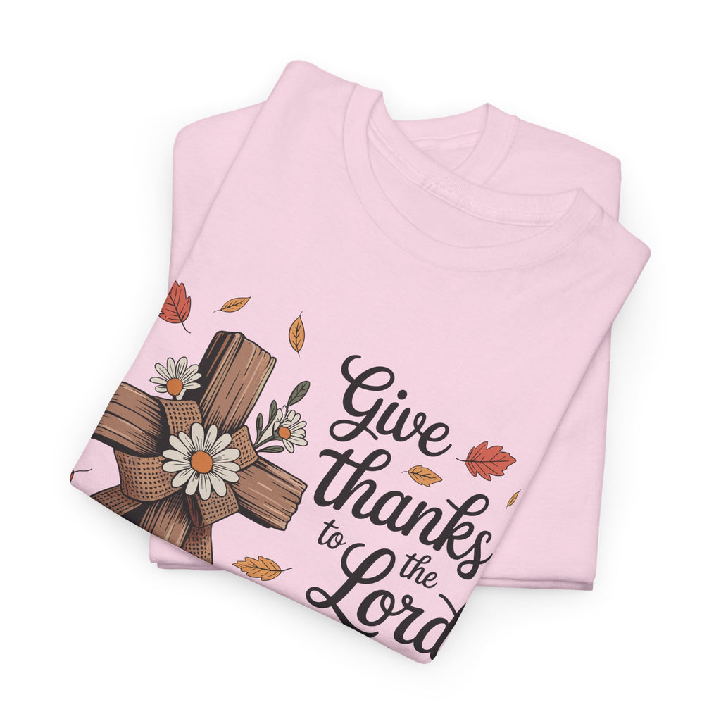 Give Thanks to the Lord Autumn Tee — Wooden Cross, Pumpkins & Daisies..Unisex Cotton Tee