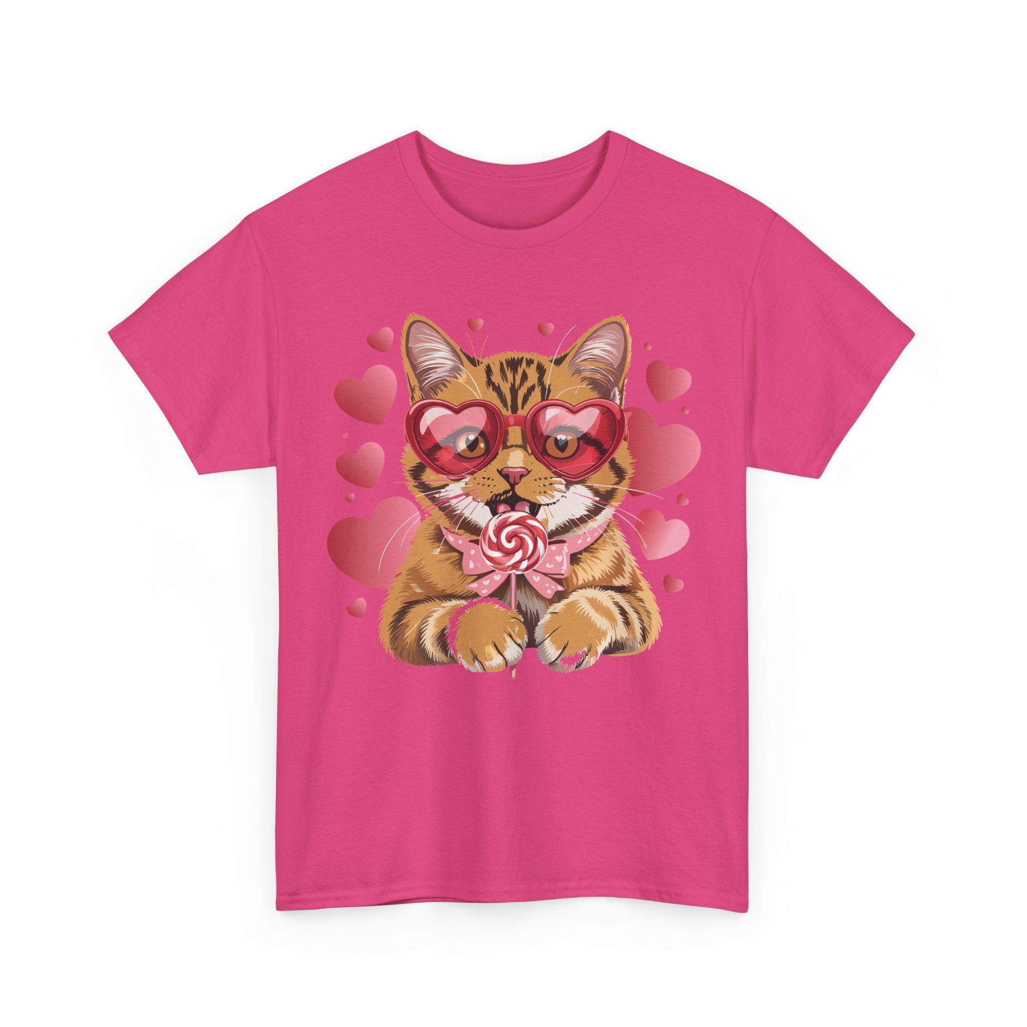 Valentine Cat Tee — Heart Glasses, Lollipop Bow Unisex Cotton Tee