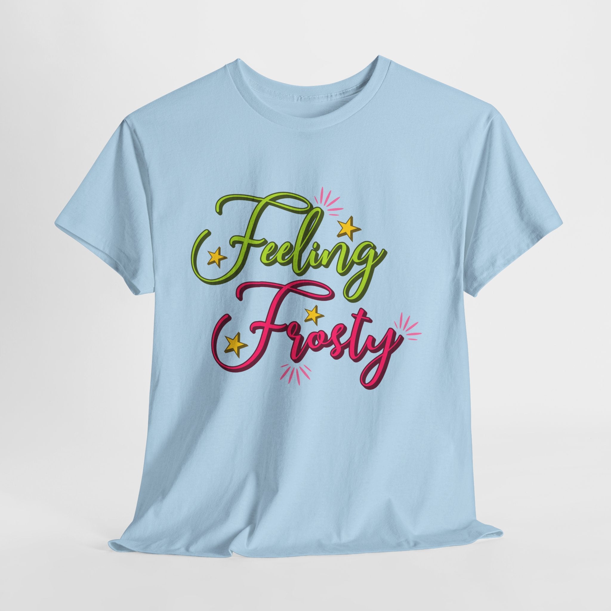 Feeling Frosty Holiday T-Shirt — Green & Pink Script Stars.Unisex Cotton Tee