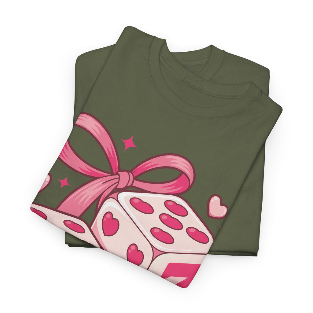 Lucky Love Dice T-Shirt — Pink Heart Dice with Bow..Unisex Cotton Tee