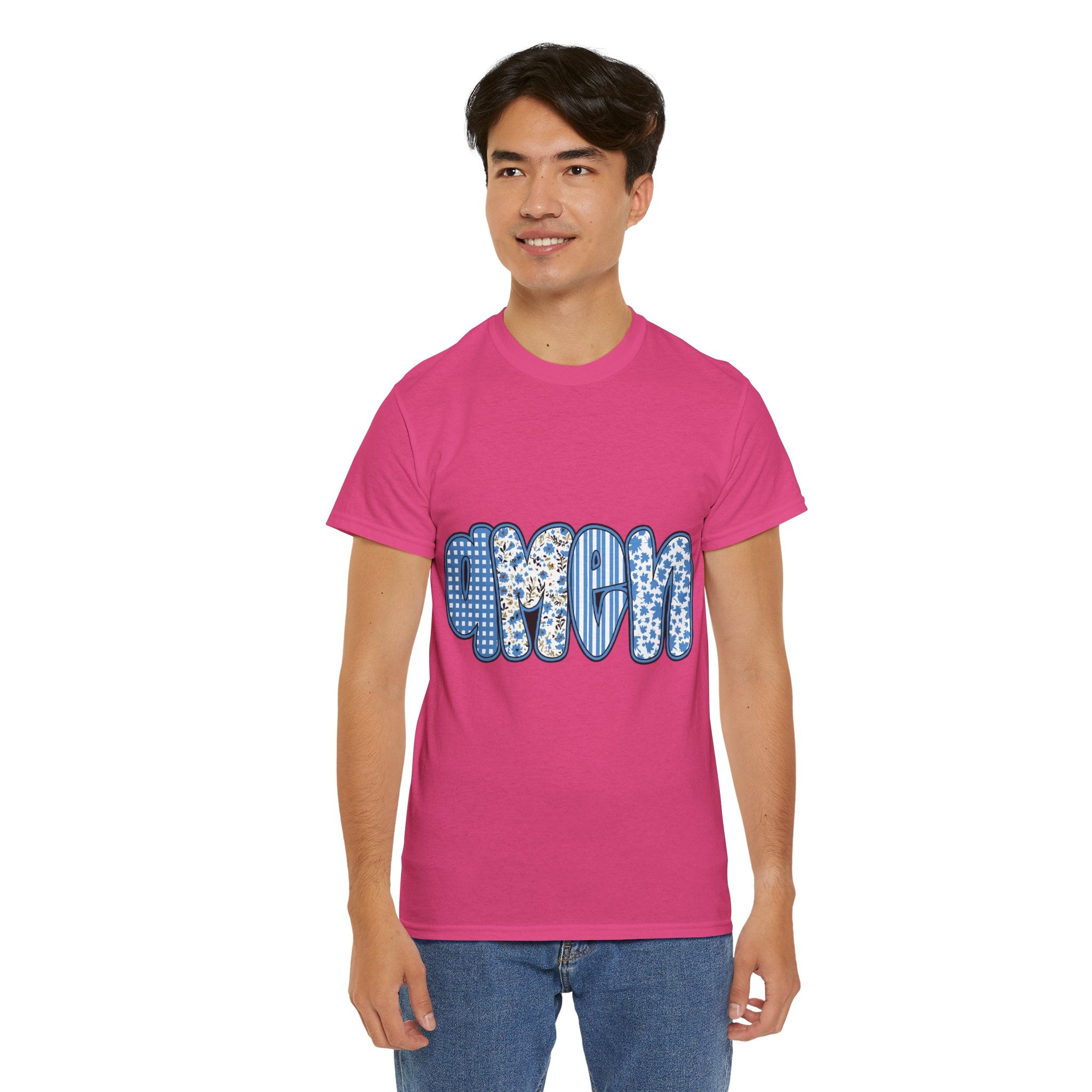 Amen Blue Floral Tee — Decorative Floral Lettering Christian Shirt Unisex Cotton Tee