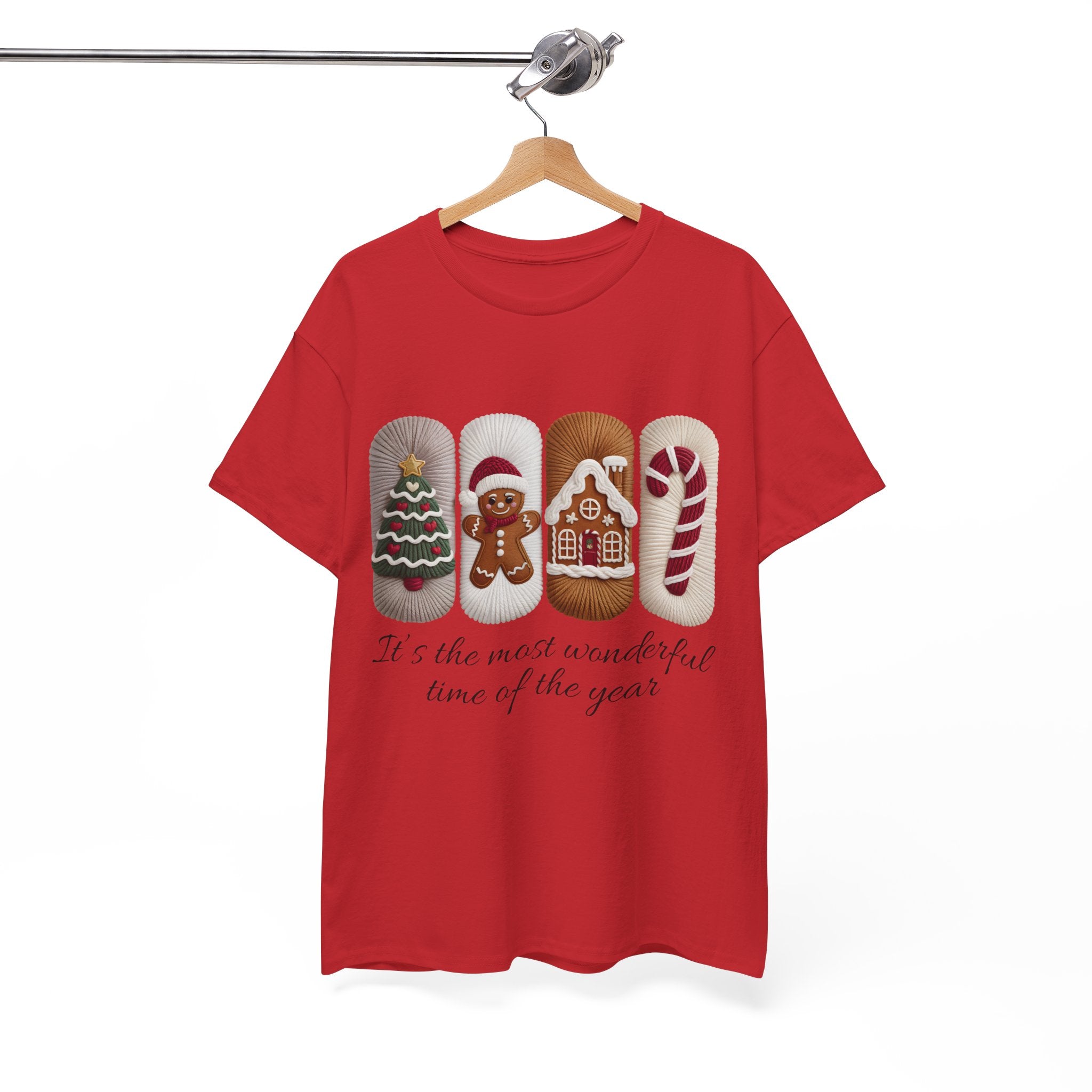 Christmas Faux-Yarn Tree Tee — Gingerbread House & Candy Cane Holiday Unisex Cotton T-Shirt