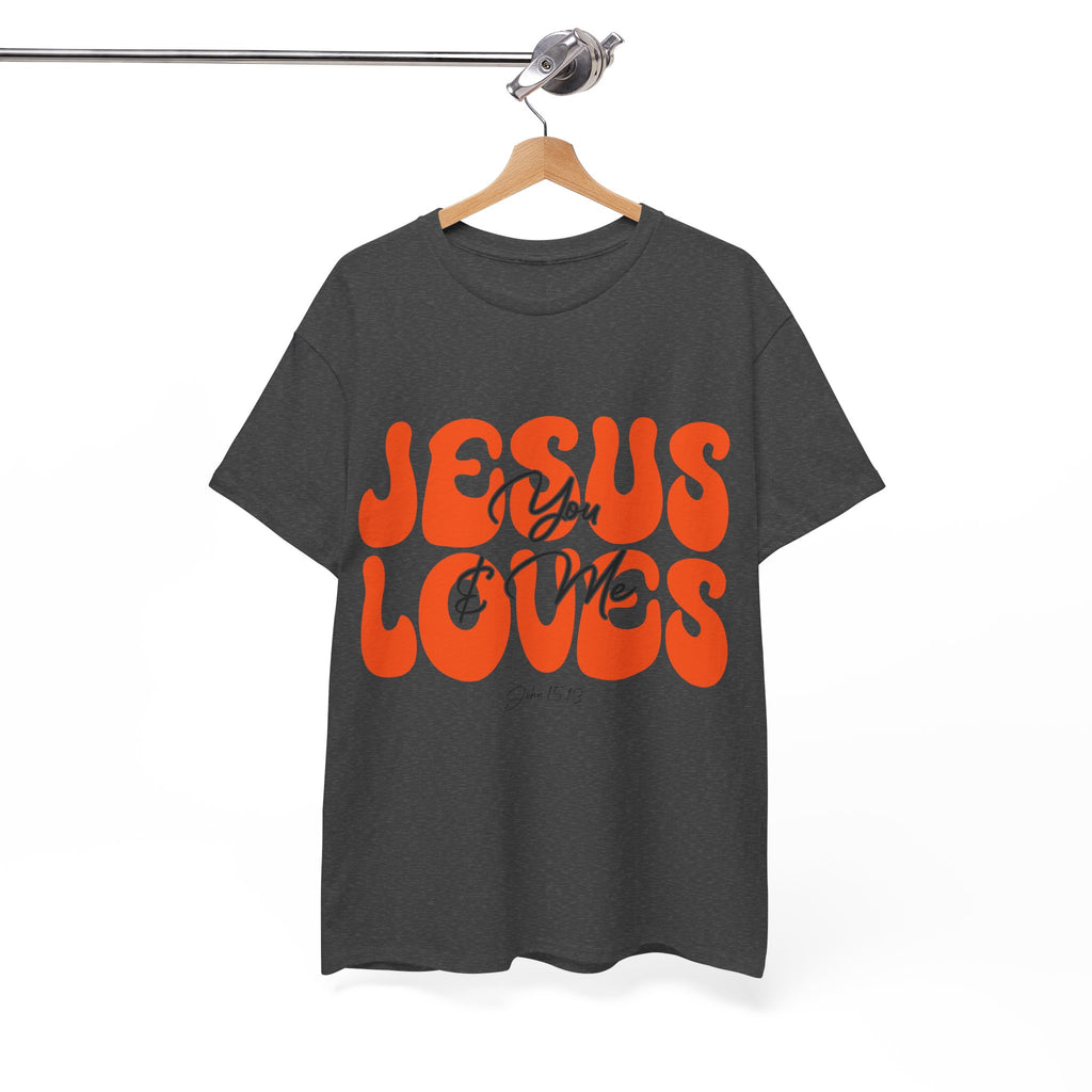 Jesus Loves You & Me Retro Tee — Playful Orange Bubbly Christian Unisex Cotton T-Shirt