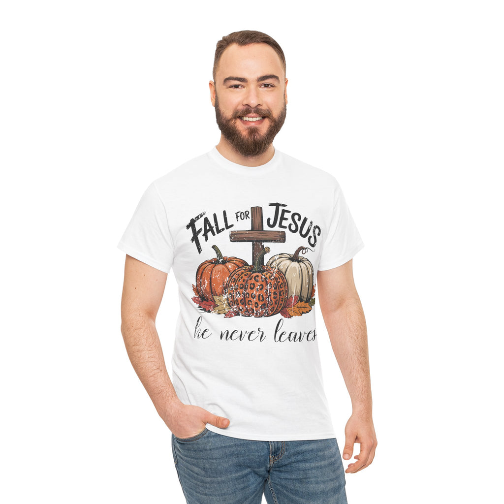 Fall for Jesus Pumpkin Cross Tee — "He Never Leaves" Autumn Christian Unisex Cotton T-Shirt
