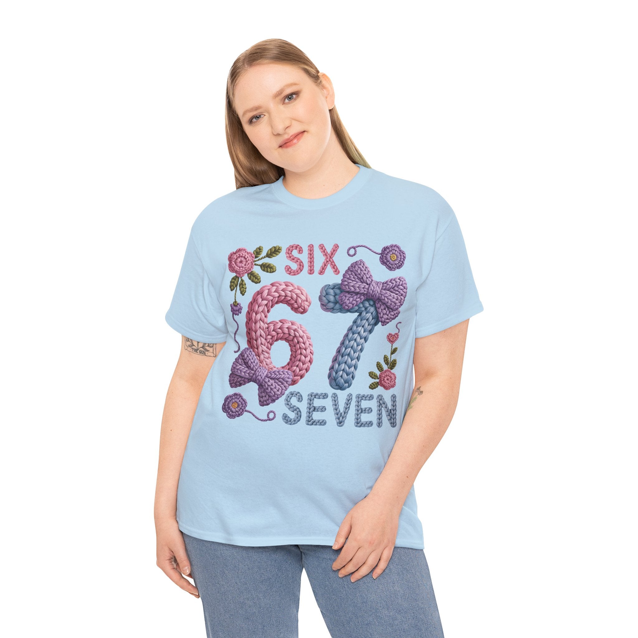 Pastel Crochet Numbers 6 & 7 Tee — Faux-Yarn Bows & Flowers. Unisex Cotton Tee