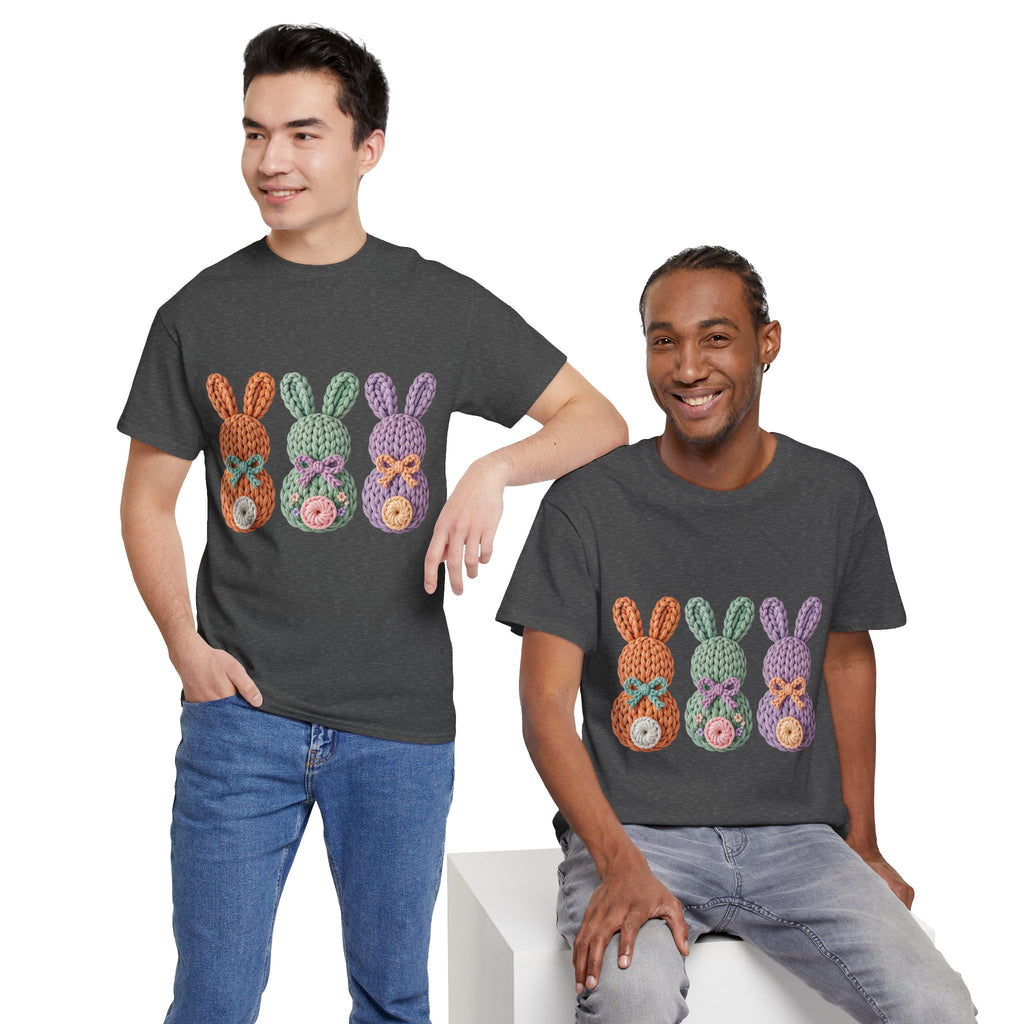 Pastel Crochet Bunny Tee — Trio of Faux Knit Bunnies with Bows & Flowers Unisex Cotton Tee