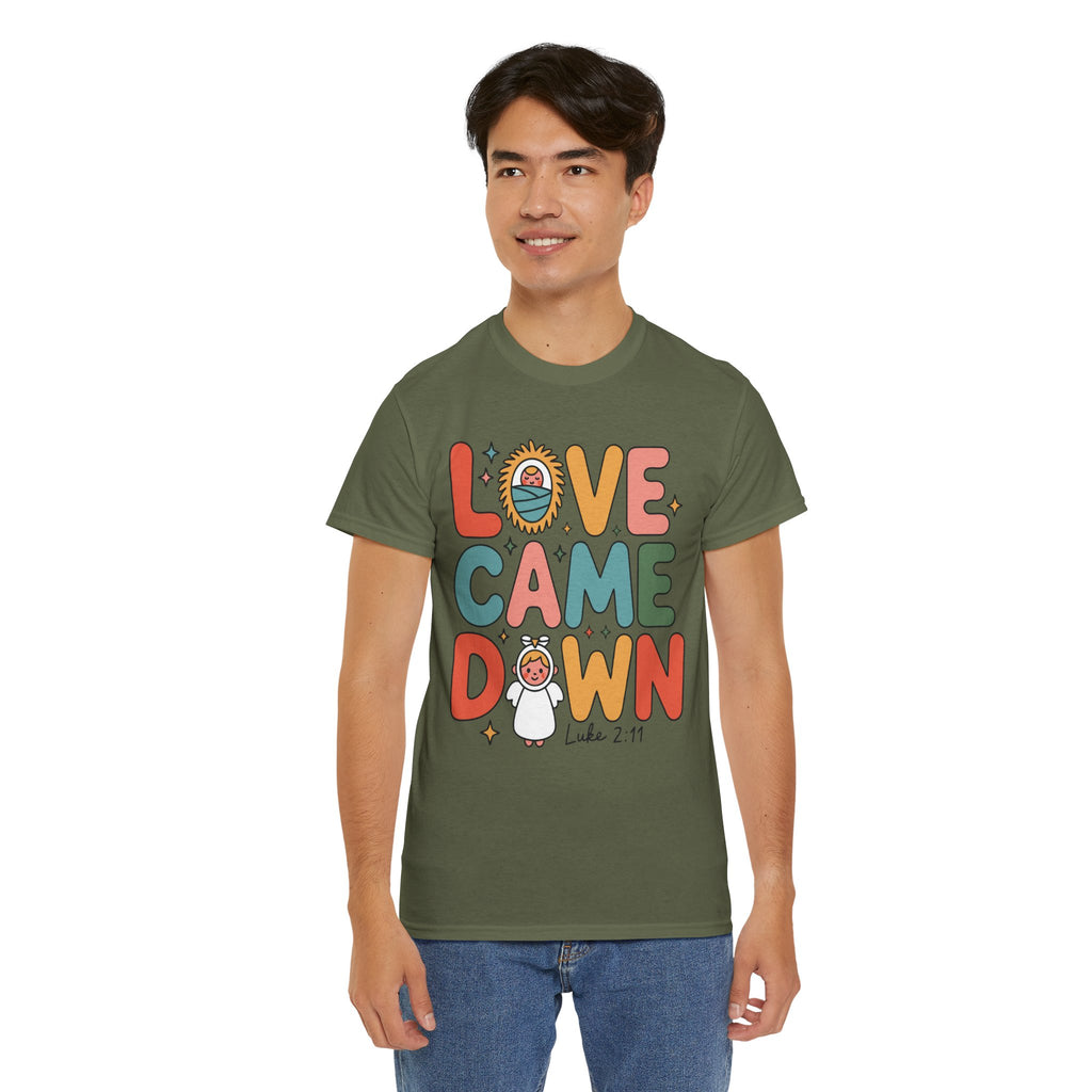 Love Came Down Christmas Tee — Baby Jesus Manger Angel (Luke 2:11)..Unisex Cotton Tee