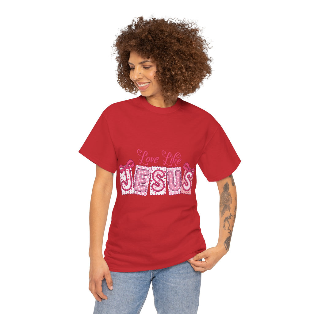 Love Like Jesus Patchwork Tee — Pink Stitched Heart Graphic.Unisex Cotton Tee