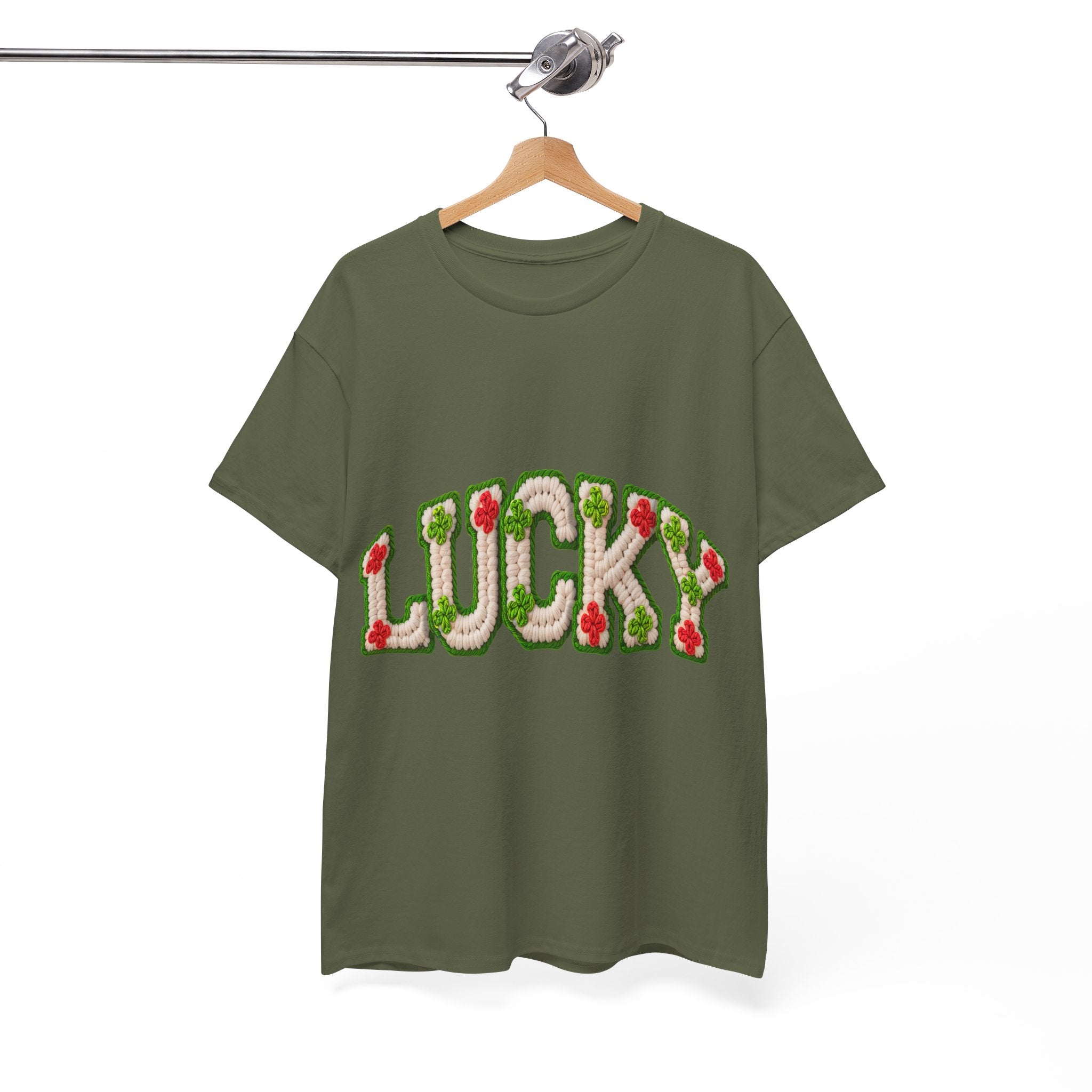 Lucky Crochet Clover T-Shirt — Faux-Yarn Embroidered St. Patrick’s Unisex Cotton Tee