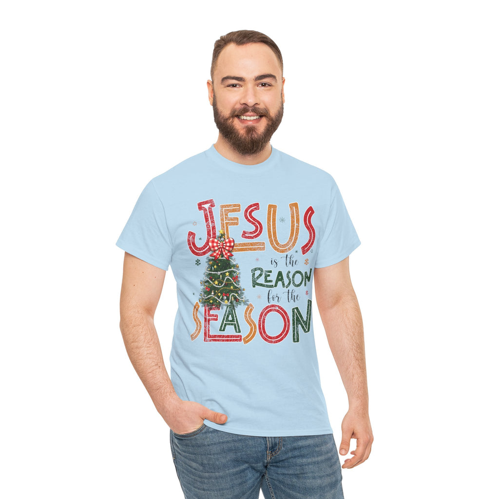 Jesus Is the Reason for the Season Christmas T-Shirt — Plaid Bow Tree..Unisex Cotton Tee