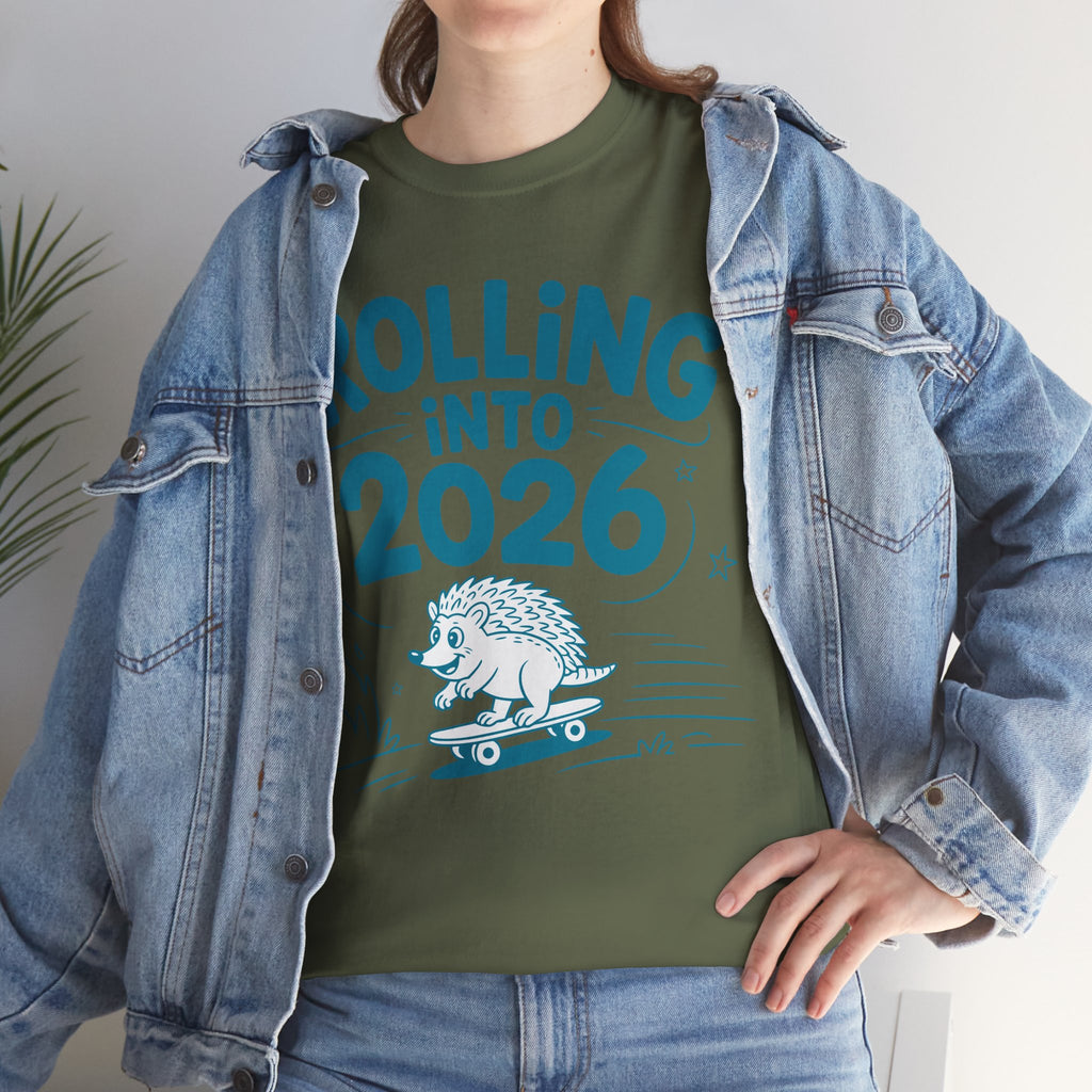 Rolling Into 2026 Hedgehog Skateboard Unisex Cotton Tee