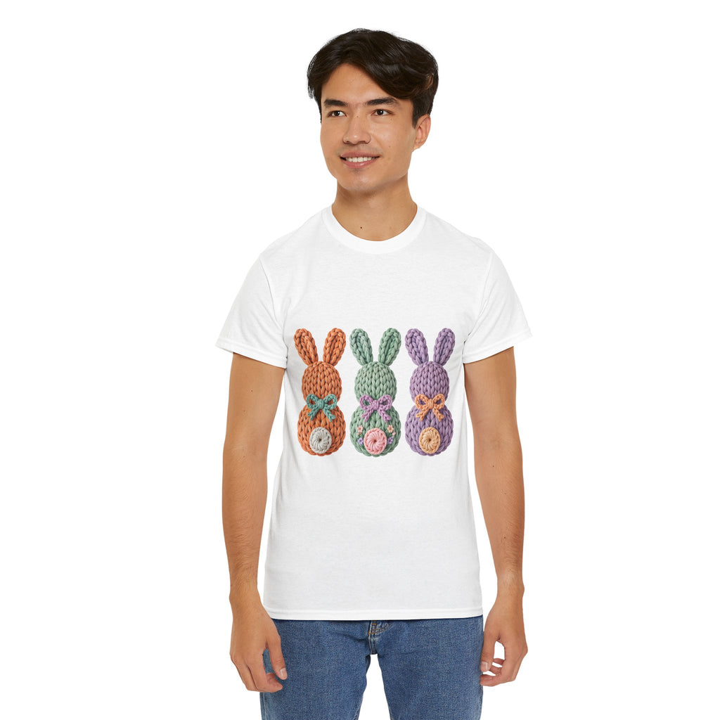 Pastel Crochet Bunny Tee — Trio of Faux Knit Bunnies with Bows & Flowers Unisex Cotton Tee