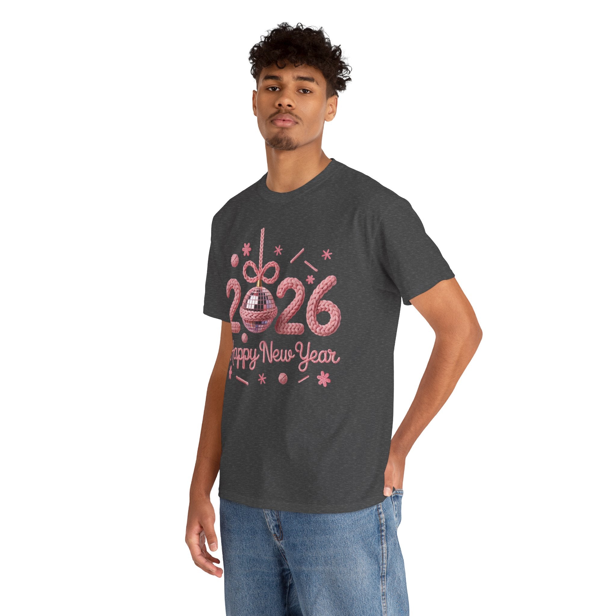 2026 Happy New Year Pink Knitted Disco Ball Unisex Cotton Tee