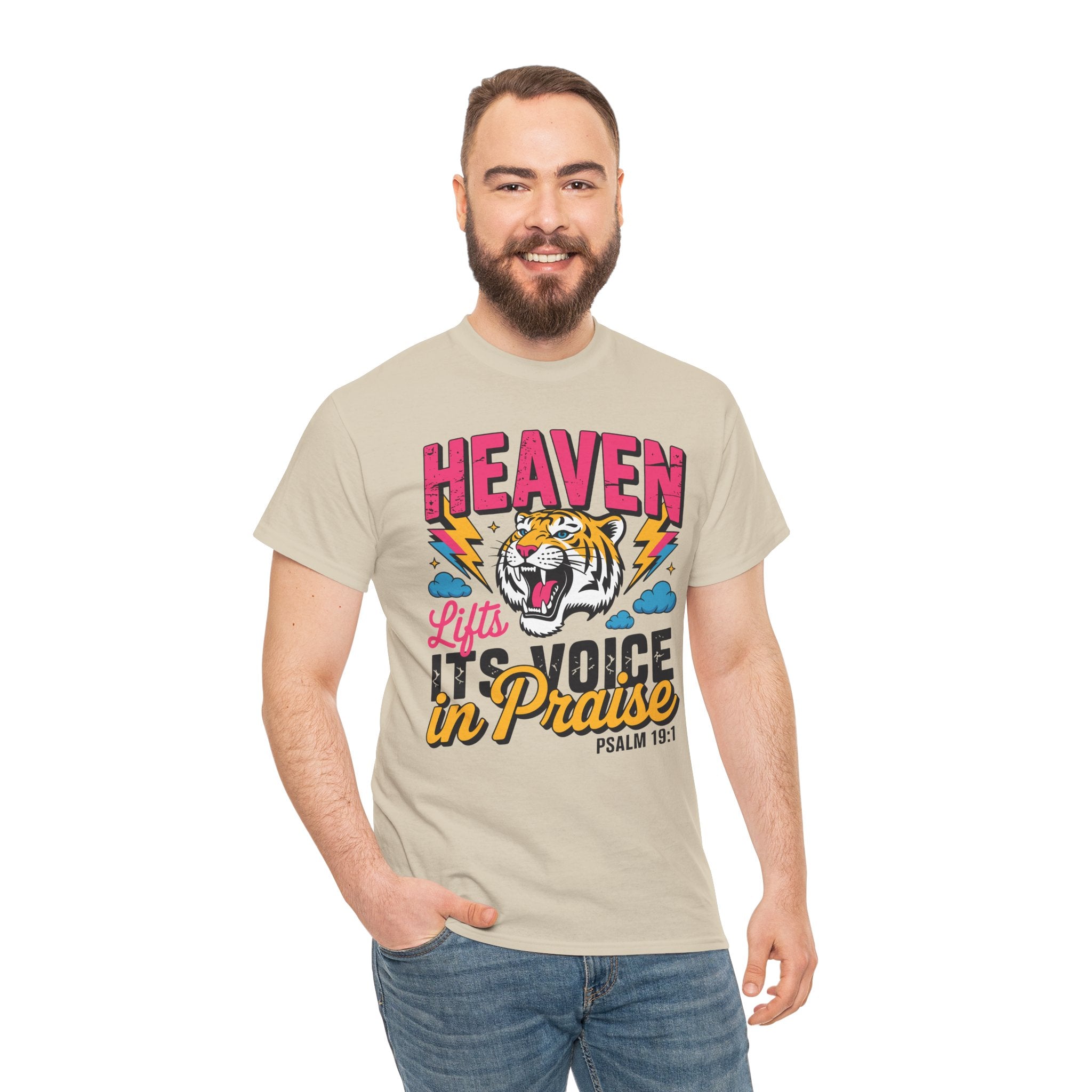 Psalm 19:1 Tiger Praise T-Shirt — Bold Christian Roaring Tiger Graphic.Unisex Cotton Tee