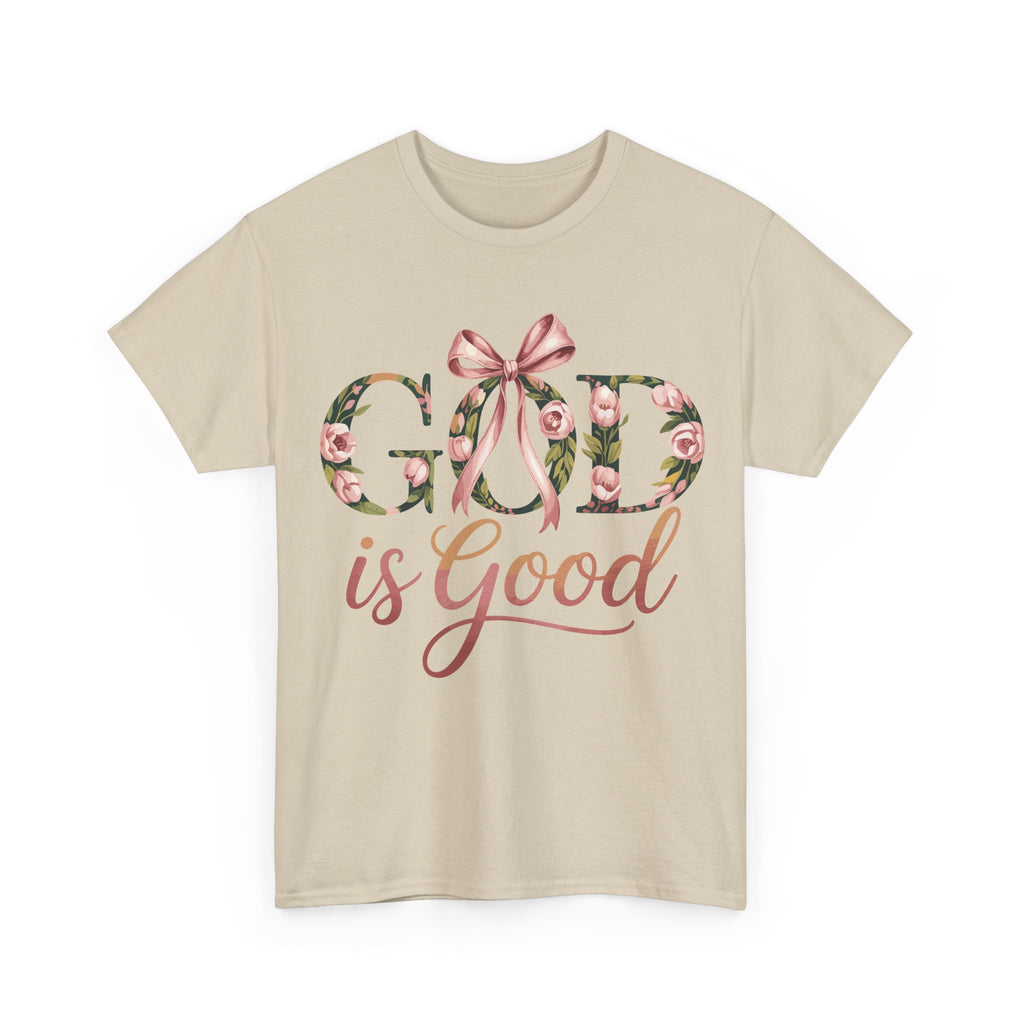 God Is Good Pink Rose Tee — Floral Ribbon Faith Unisex Cotton T-Shirt