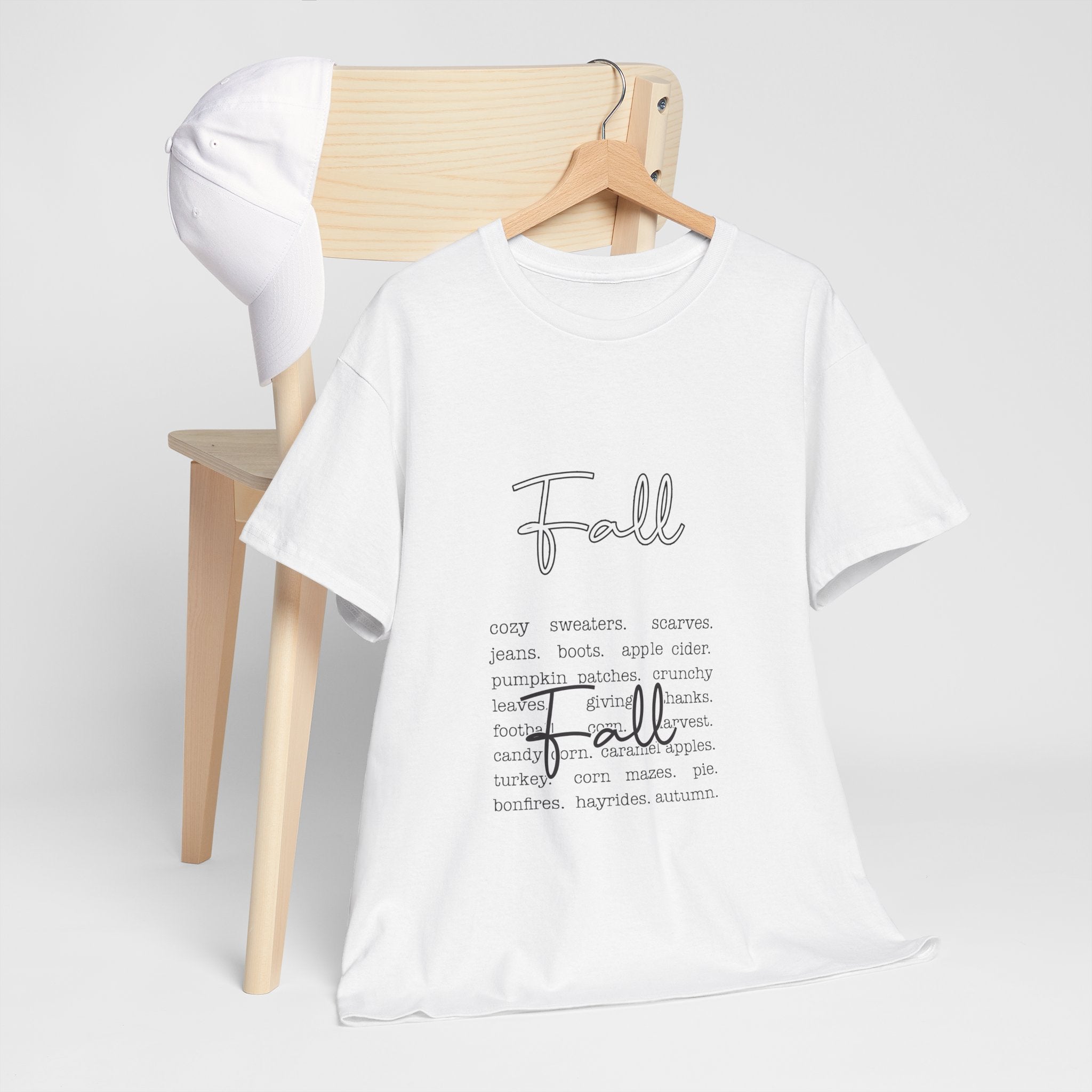 Fall Cursive Typography T-Shirt — Sweaters, Cider & Pumpkins. Unisex Cotton Tee