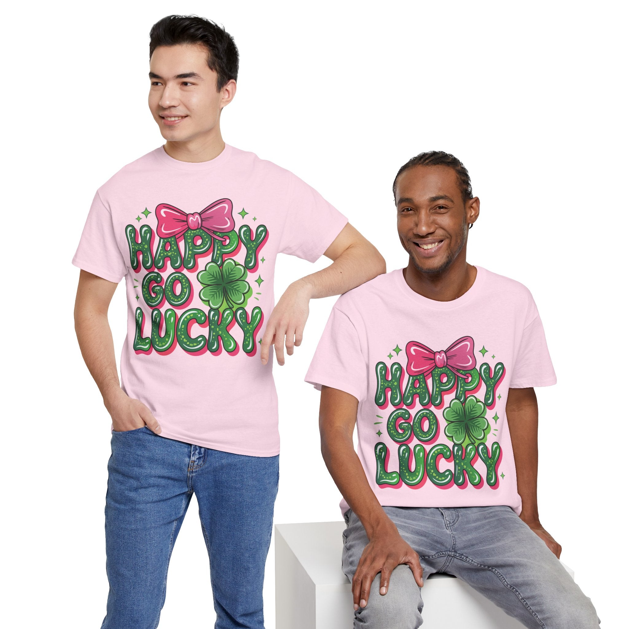 Happy Go Lucky Four-Leaf Clover Tee — Glossy Green Letters & Pink Bow Unisex Cotton Tee