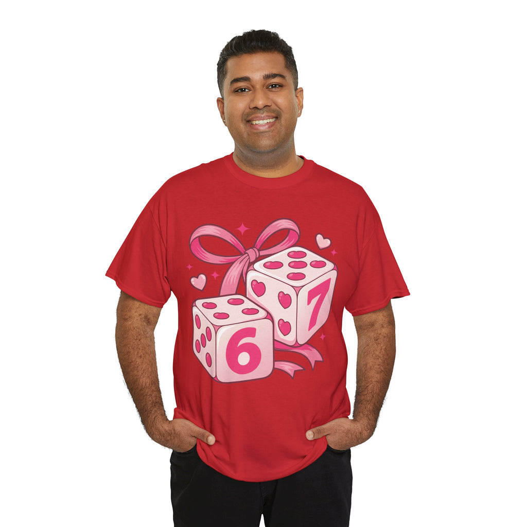 Lucky Love Dice T-Shirt — Pink Heart Dice with Bow..Unisex Cotton Tee