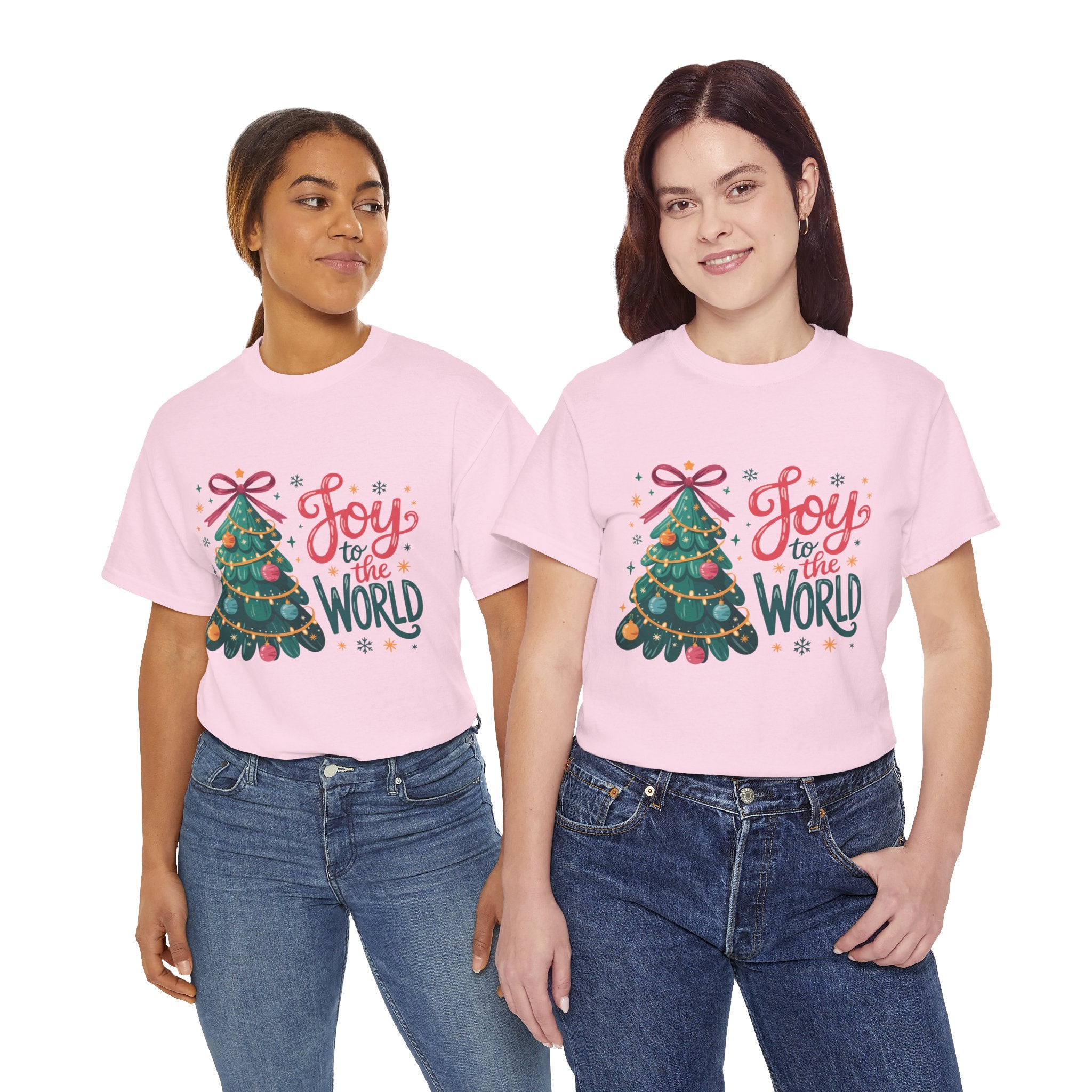 Joy to the World Christmas Tee — Festive Tree with Pink Bow..Unisex Cotton Tee