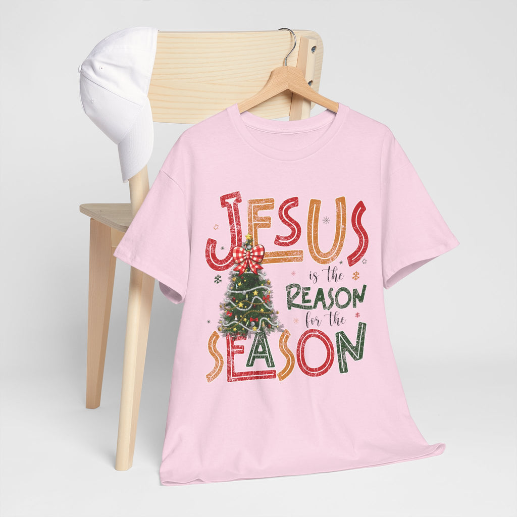 Jesus Is the Reason for the Season Christmas T-Shirt — Plaid Bow Tree..Unisex Cotton Tee