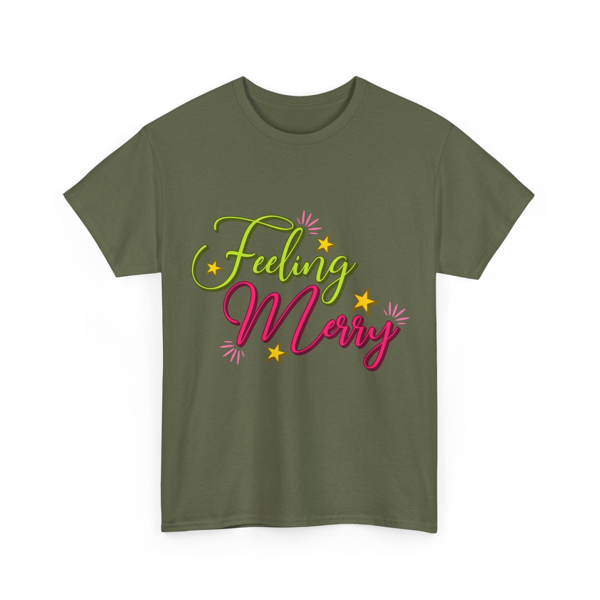 Feeling Merry T-Shirt — Bright Green & Pink Holiday Tee with Stars.Unisex Cotton Tee