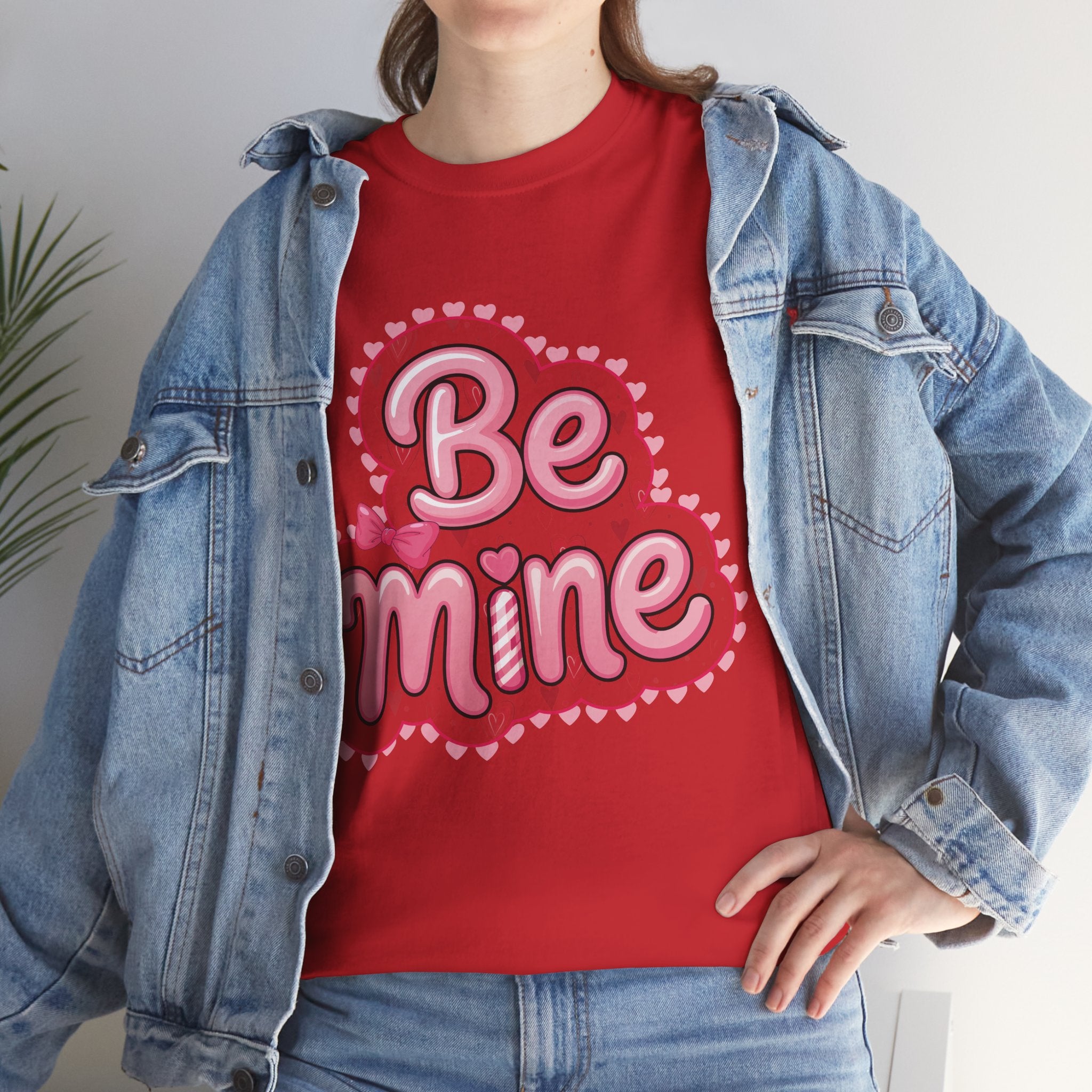 Be Mine Valentine T-Shirt — Pink Bubble Letters with Hearts & Bow..Unisex Cotton Tee