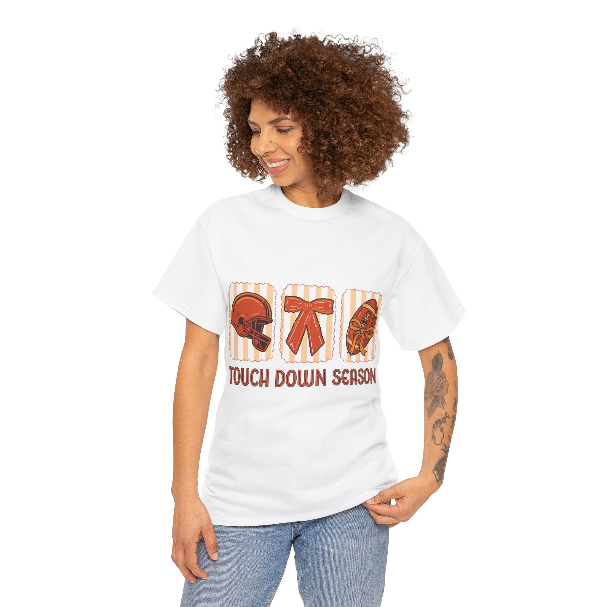 Touch Down Season Football Tee — Striped Fall Helmet & Bow Design Unisex Cotton Tee