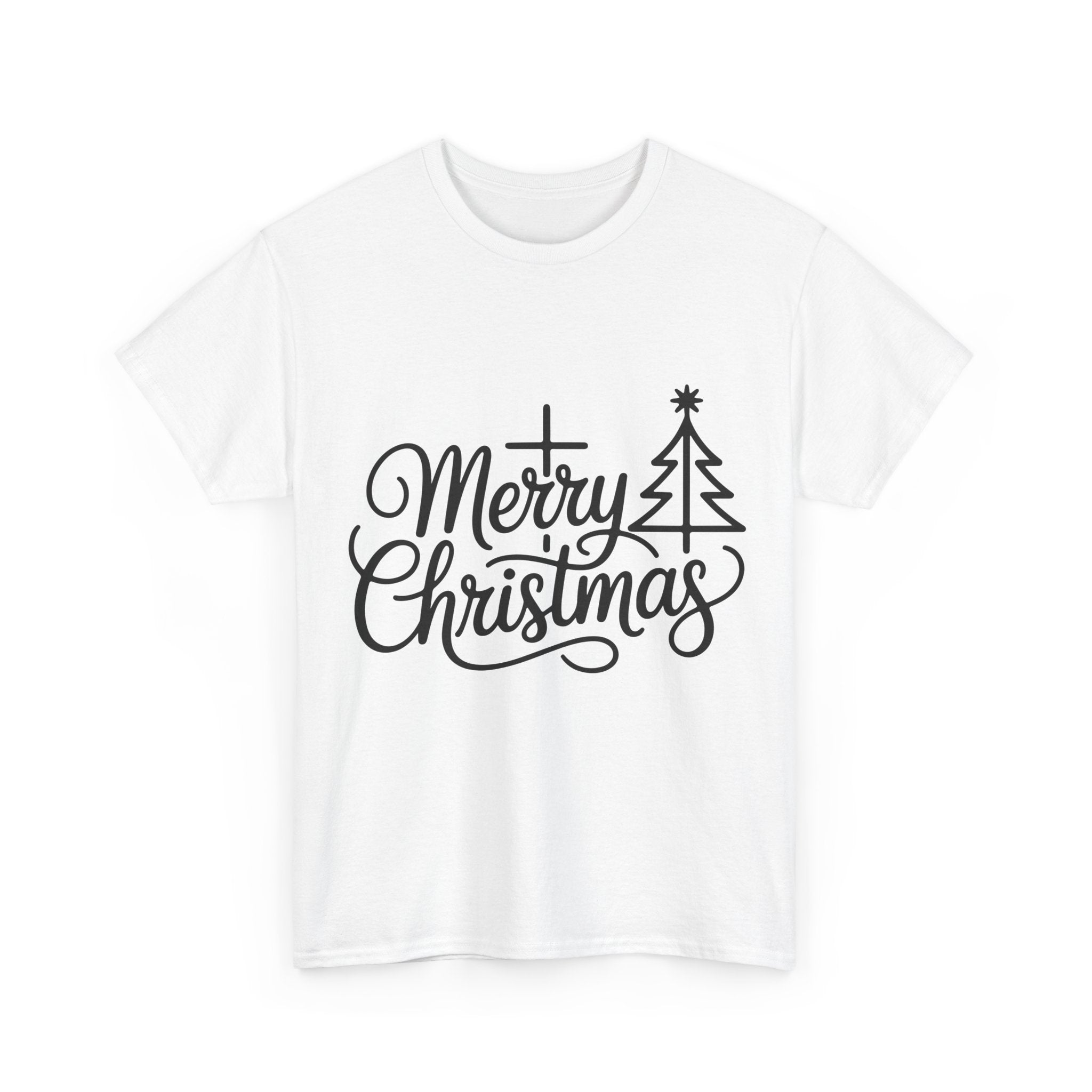 Merry Christmas Script T-Shirt with Cross & Tree(Unisex Cotton Tee)