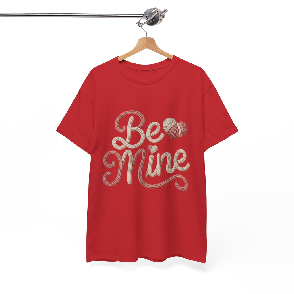Be Mine Yarn Heart T-Shirt — Valentine’s Faux-Yarn Pink & Cream Unisex Cotton Tee