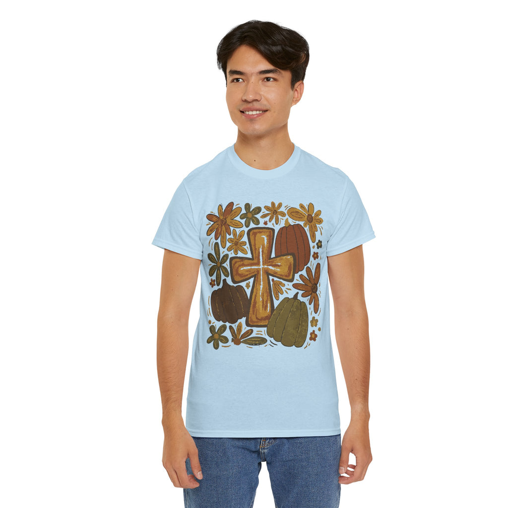 Autumn Cross Tee — Rustic Pumpkin & Fall Floral Christian Unisaex Cotton T-Shirt