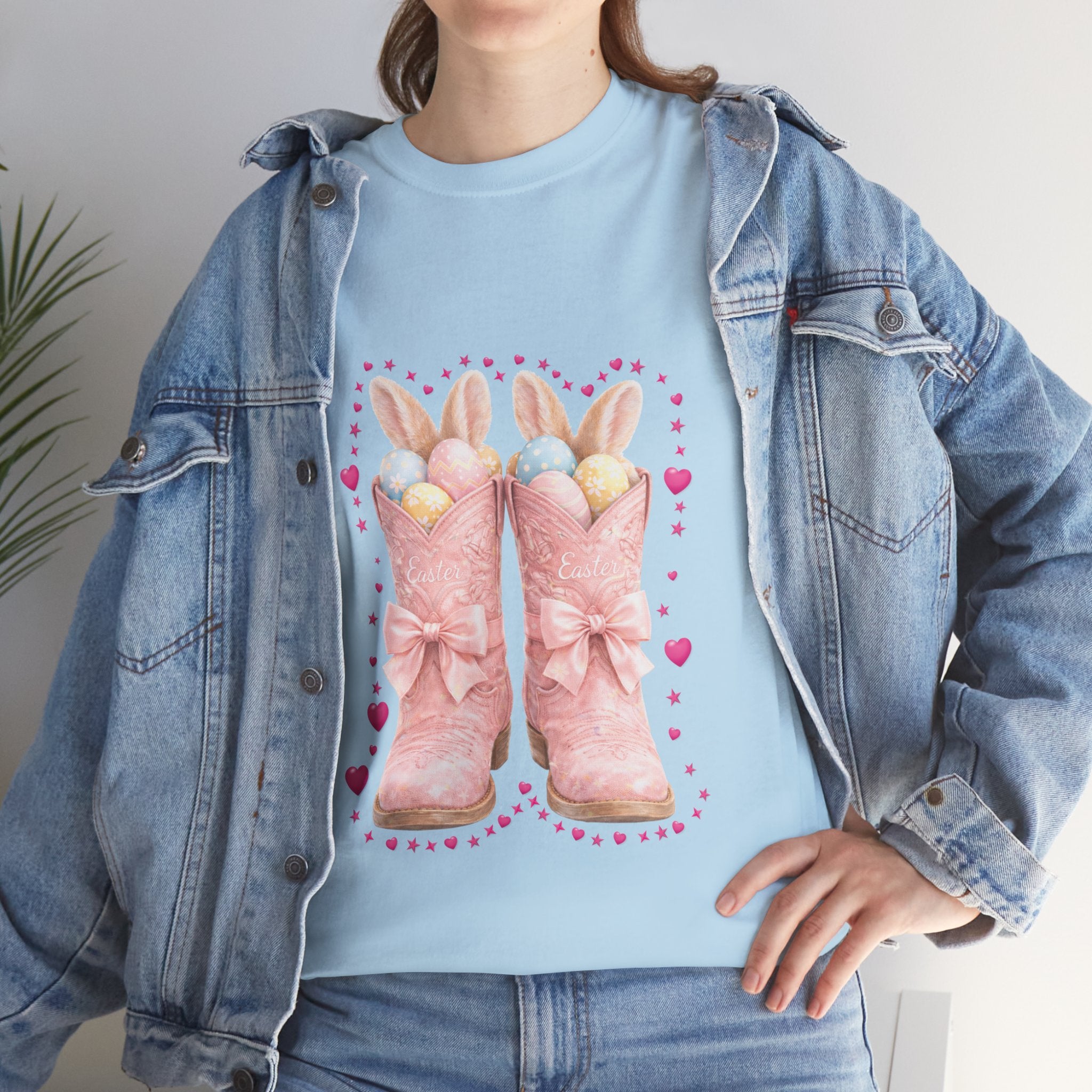 Easter Pink Western Boots Tee — Pastel Bunny Eggs & Bows Unisex Cotton Tee