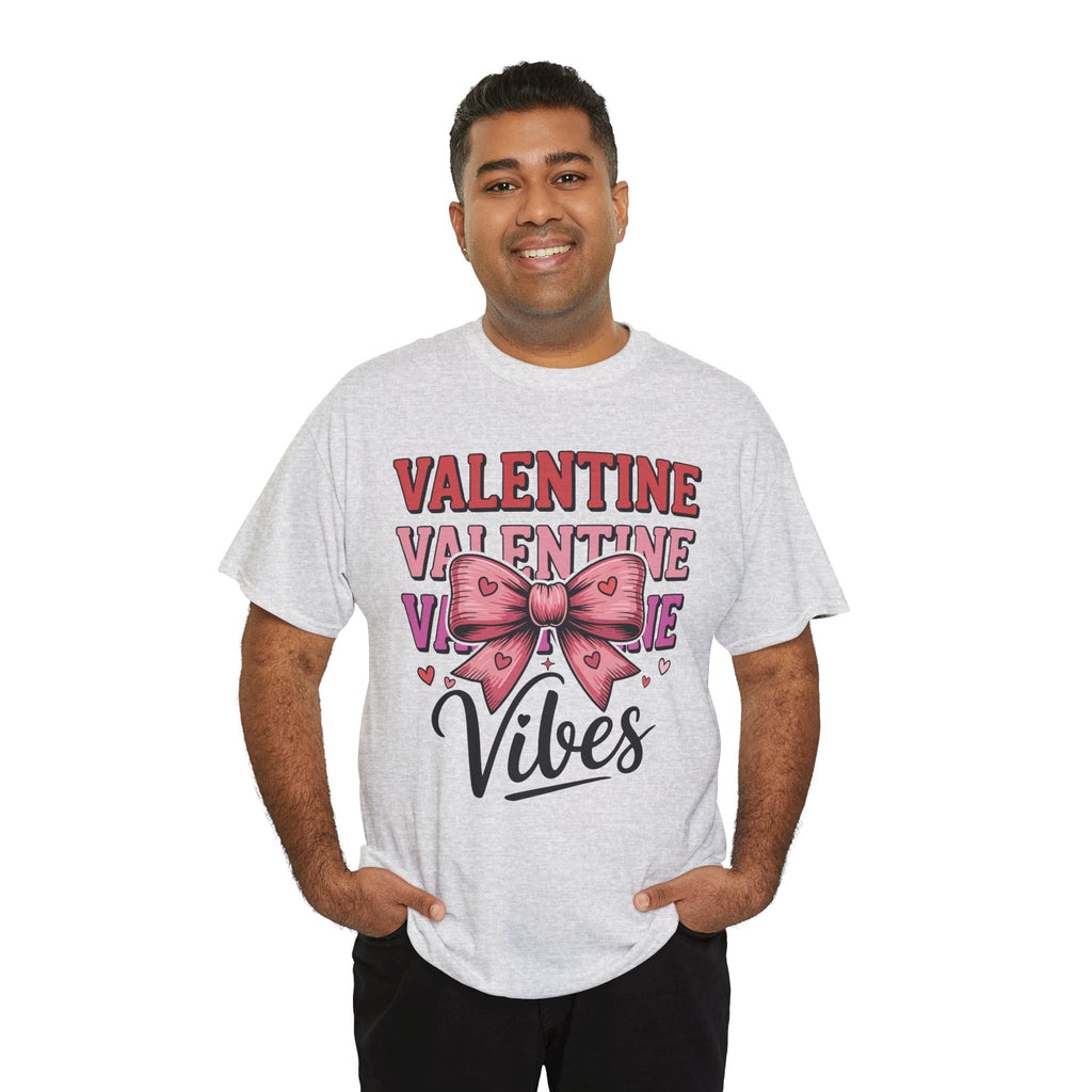 Valentine Vibes T-Shirt — Pink Bow Heart Graphic Unisex Cotton Tee