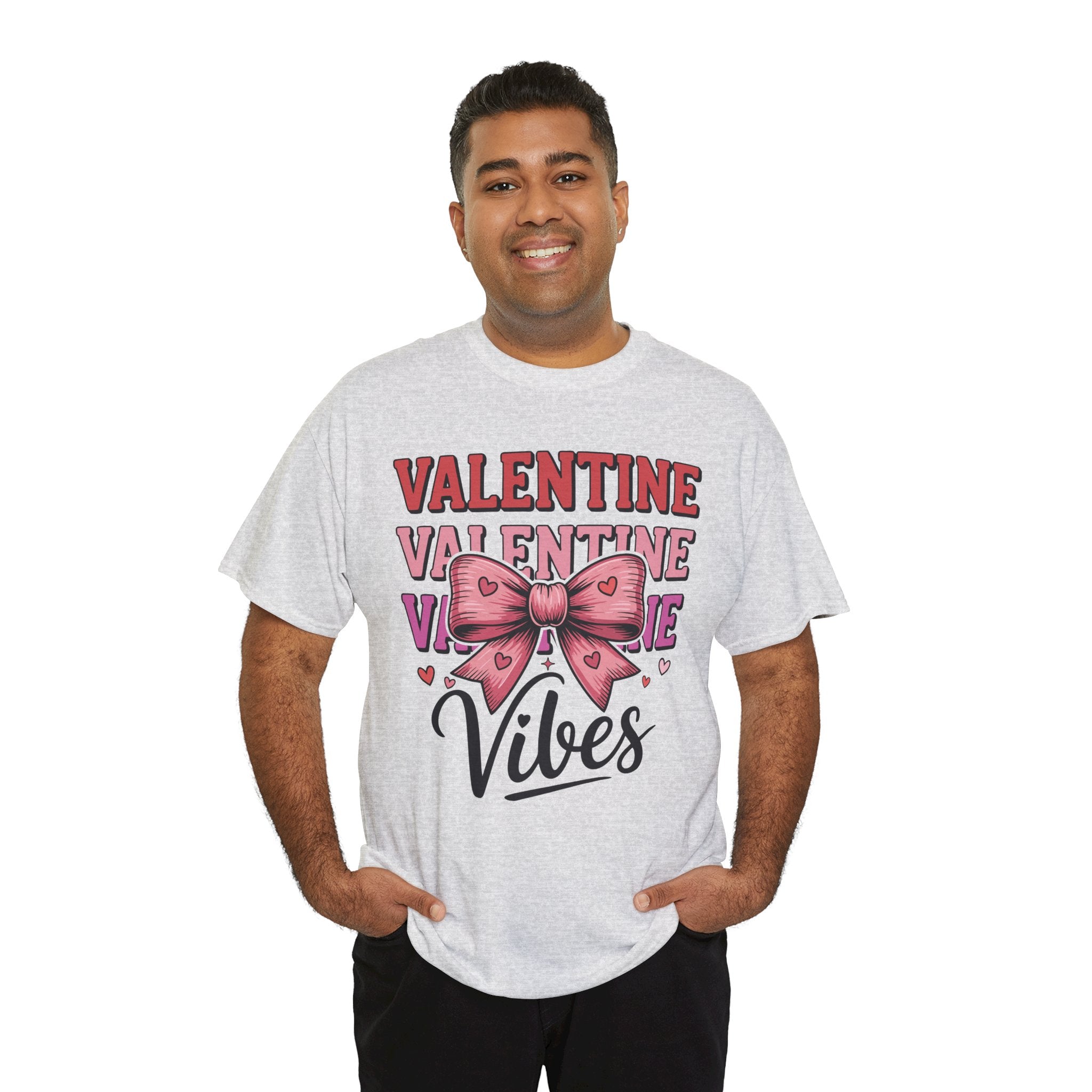 Valentine Vibes T-Shirt — Pink Bow Heart Graphic Unisex Cotton Tee