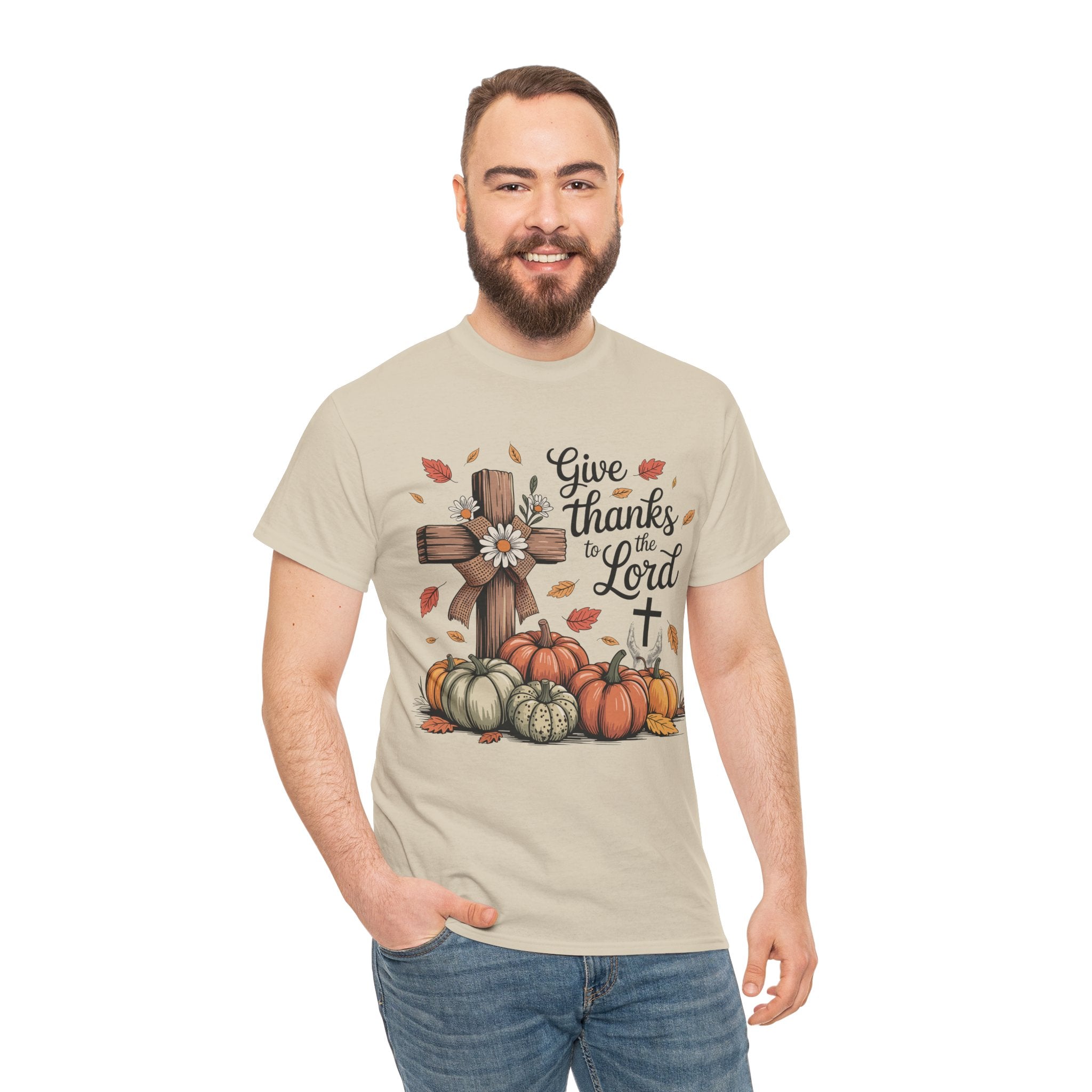 Give Thanks to the Lord Autumn Tee — Wooden Cross, Pumpkins & Daisies..Unisex Cotton Tee