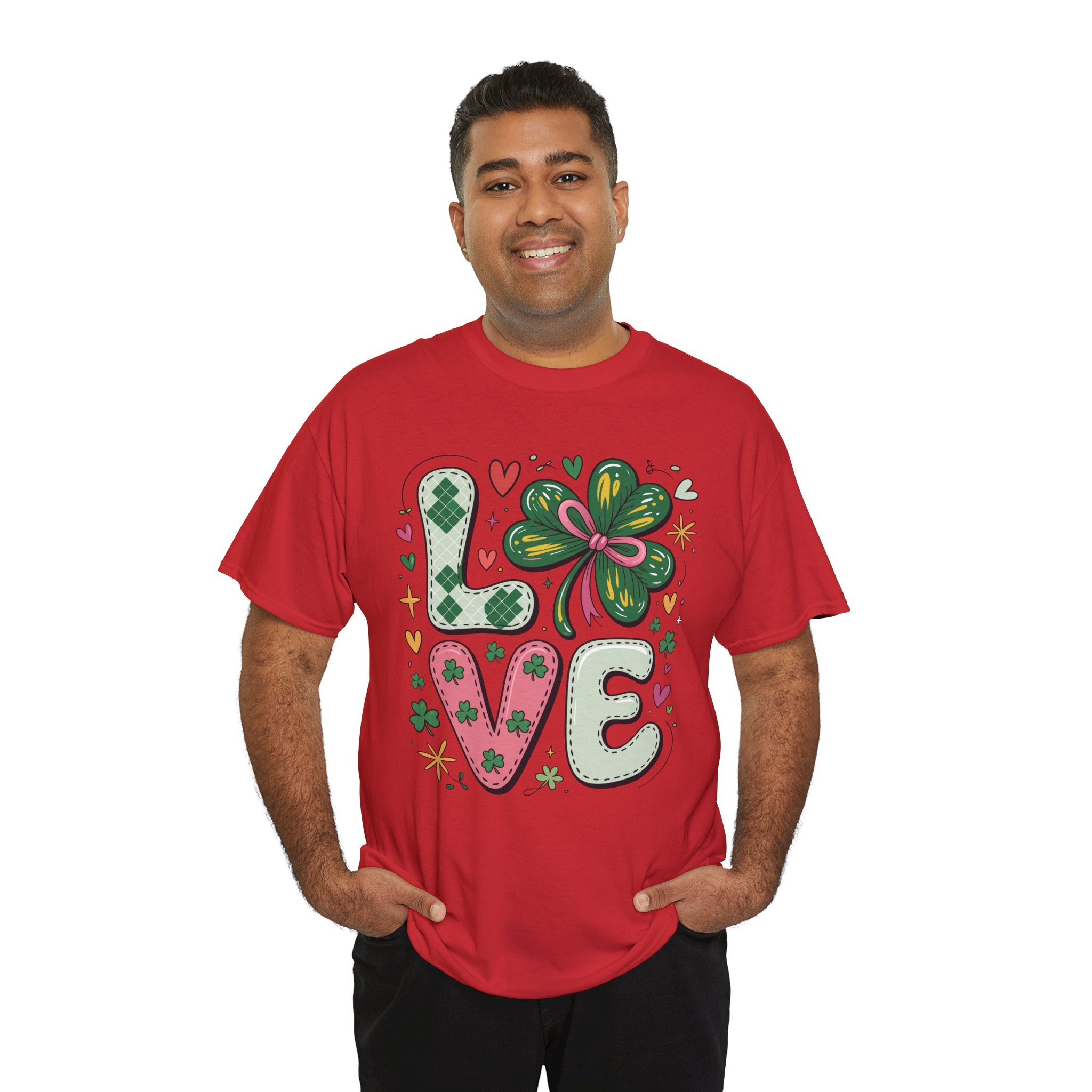 Stitched Clover 'LOVE' Tee — Heart & Patchwork St. Patrick's Unisex Cotton T-Shirt