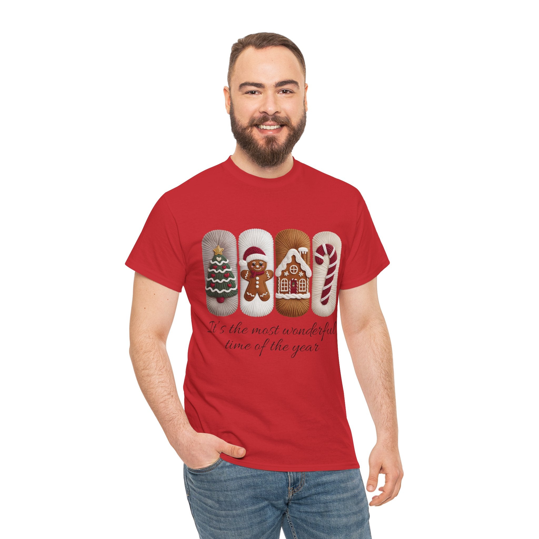 Christmas Faux-Yarn Tree Tee — Gingerbread House & Candy Cane Holiday Unisex Cotton T-Shirt